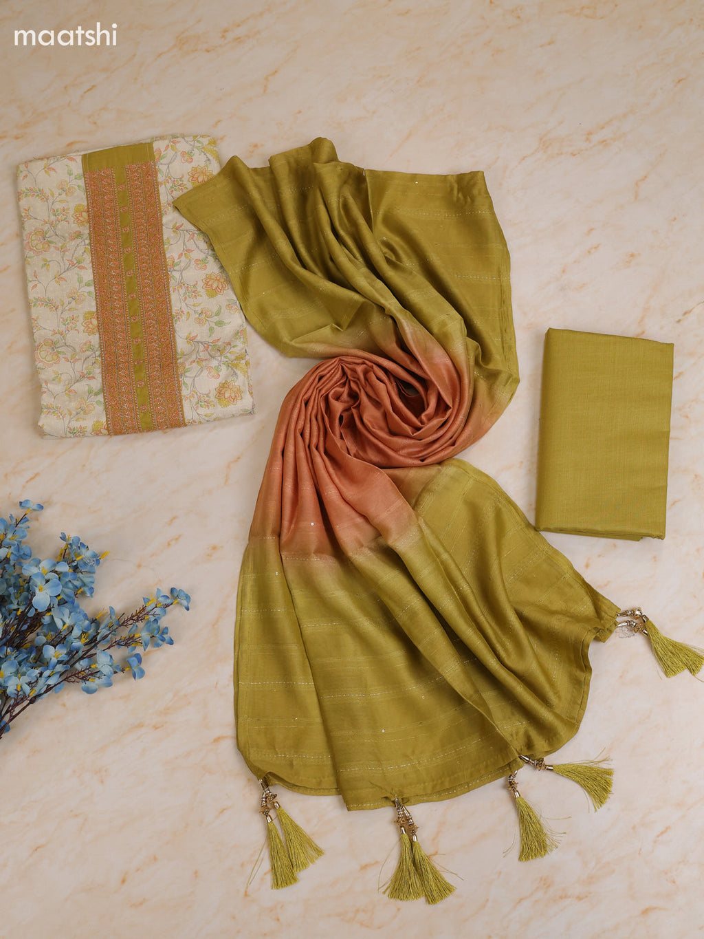 Mehandi Green and Cream Cotton Dress Material With Printed & Patch Work Neck Pattern With Bottom and Dupatta