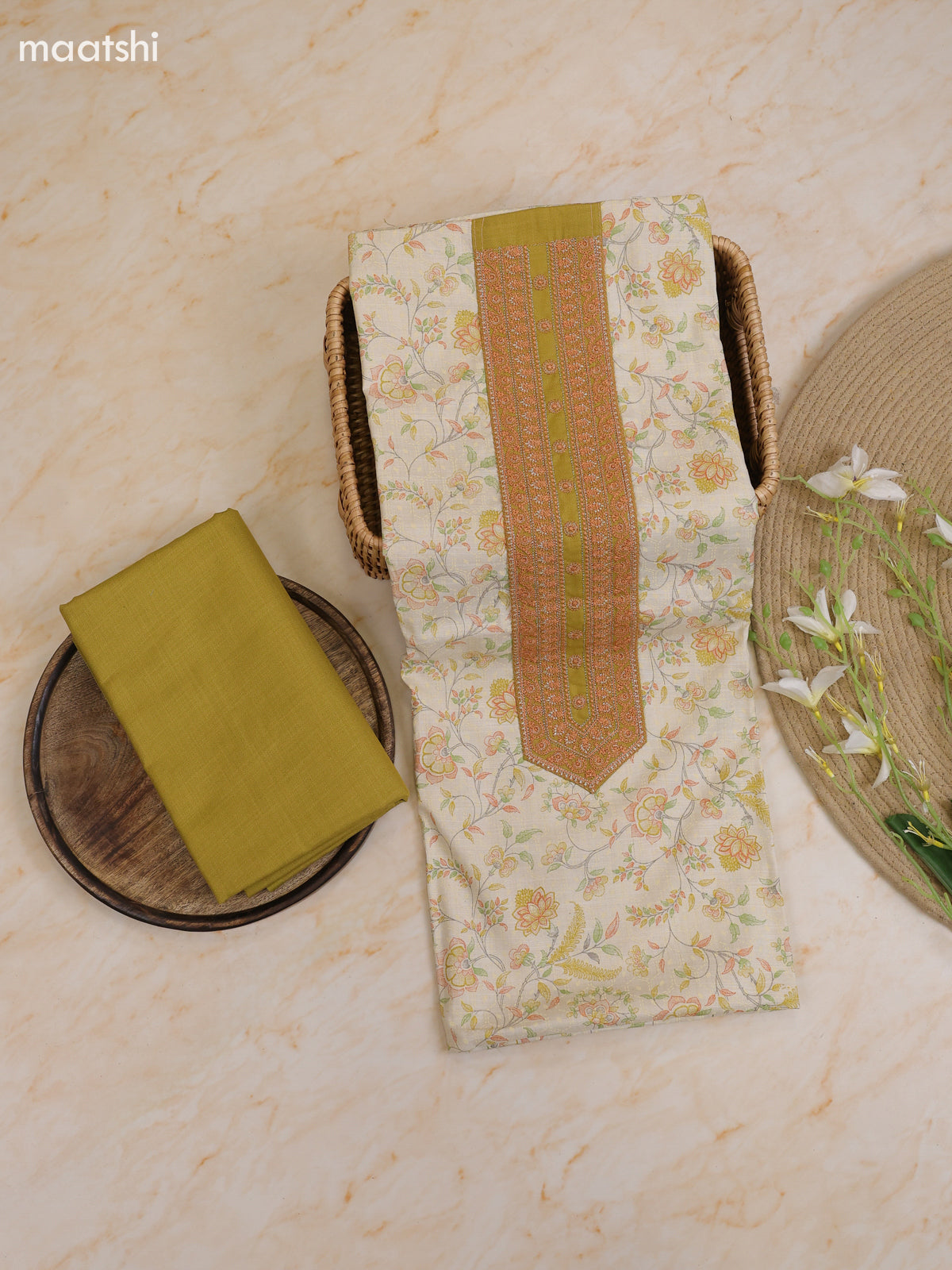 Mehandi Green and Cream Cotton Dress Material With Printed & Patch Work Neck Pattern With Bottom and Dupatta