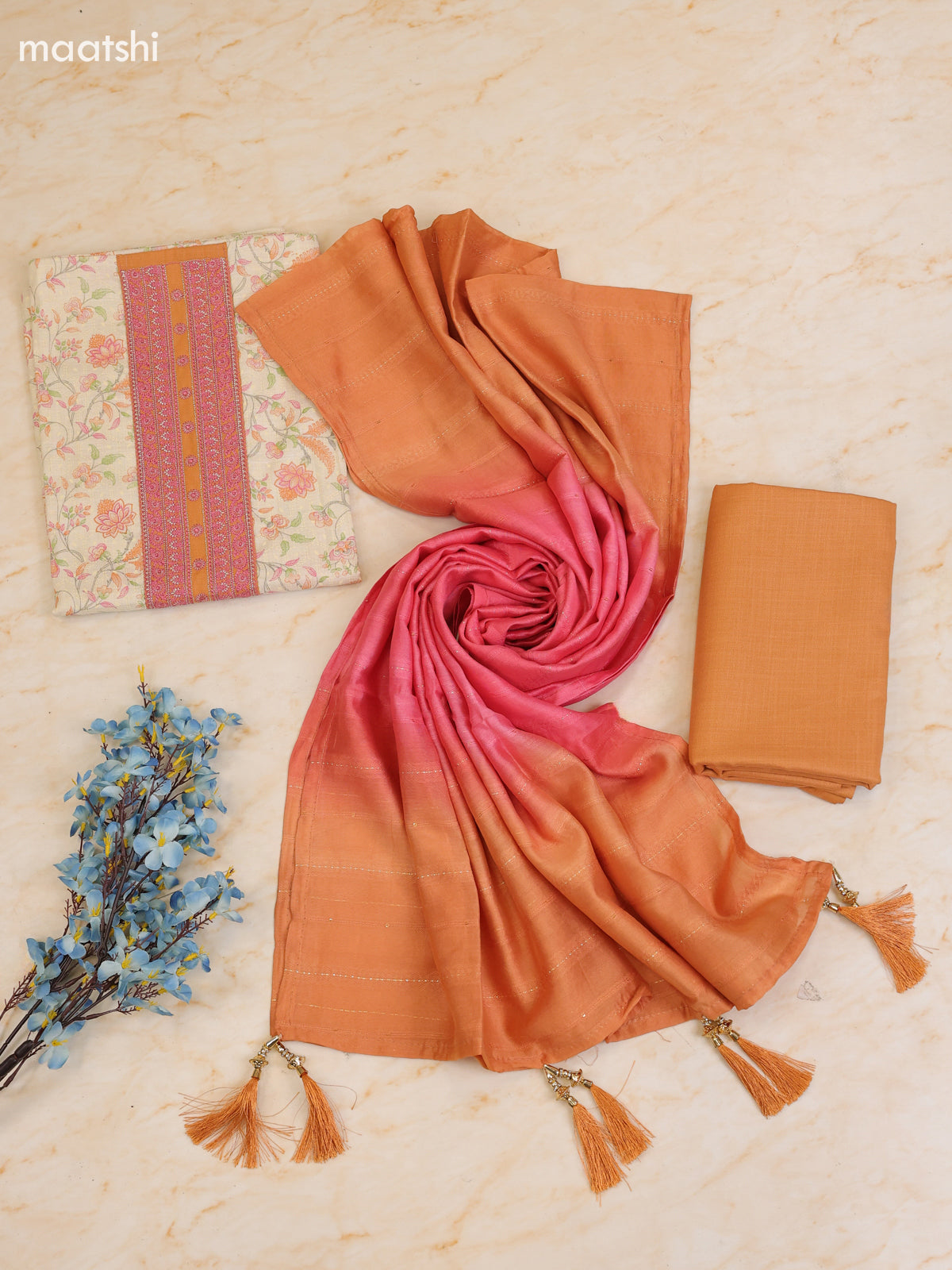 Pink and Cream Cotton Dress Material With Printed & Patch Work Neck Pattern With Bottom and Dupatta