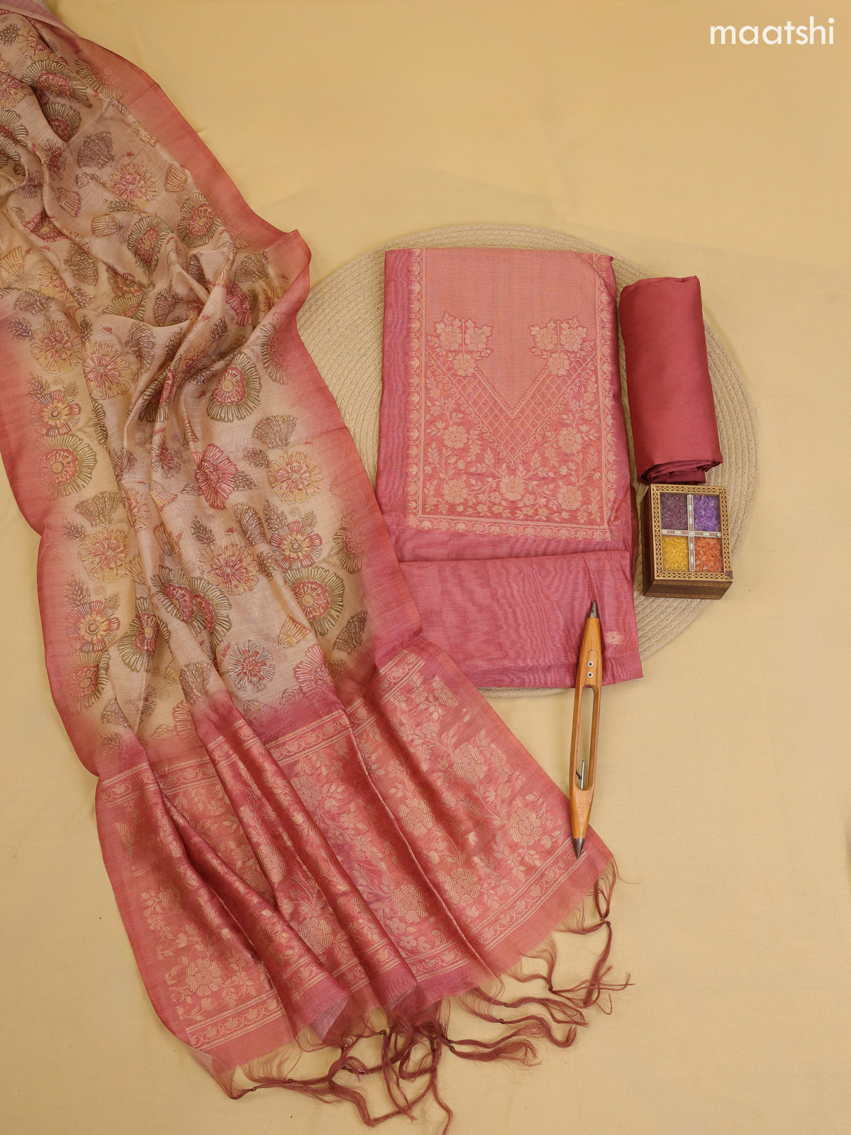 Dark Mauve Pink Chanderi Dress Material With Zari Work Neck Pattern With Bottom and Dupatta