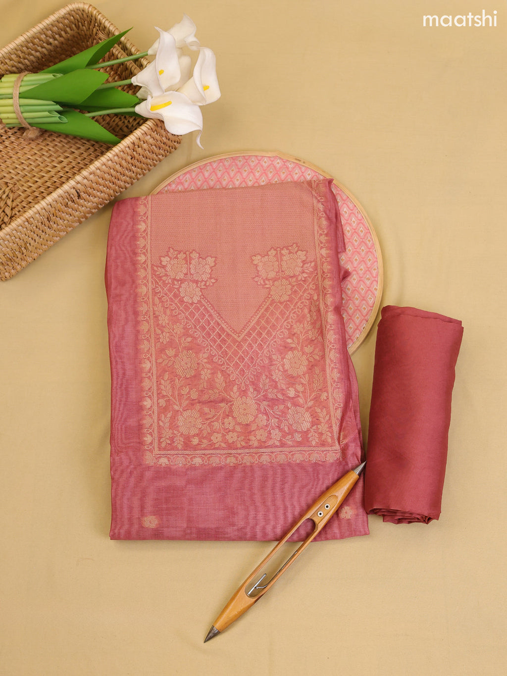 Dark Mauve Pink Chanderi Dress Material With Zari Work Neck Pattern With Bottom and Dupatta