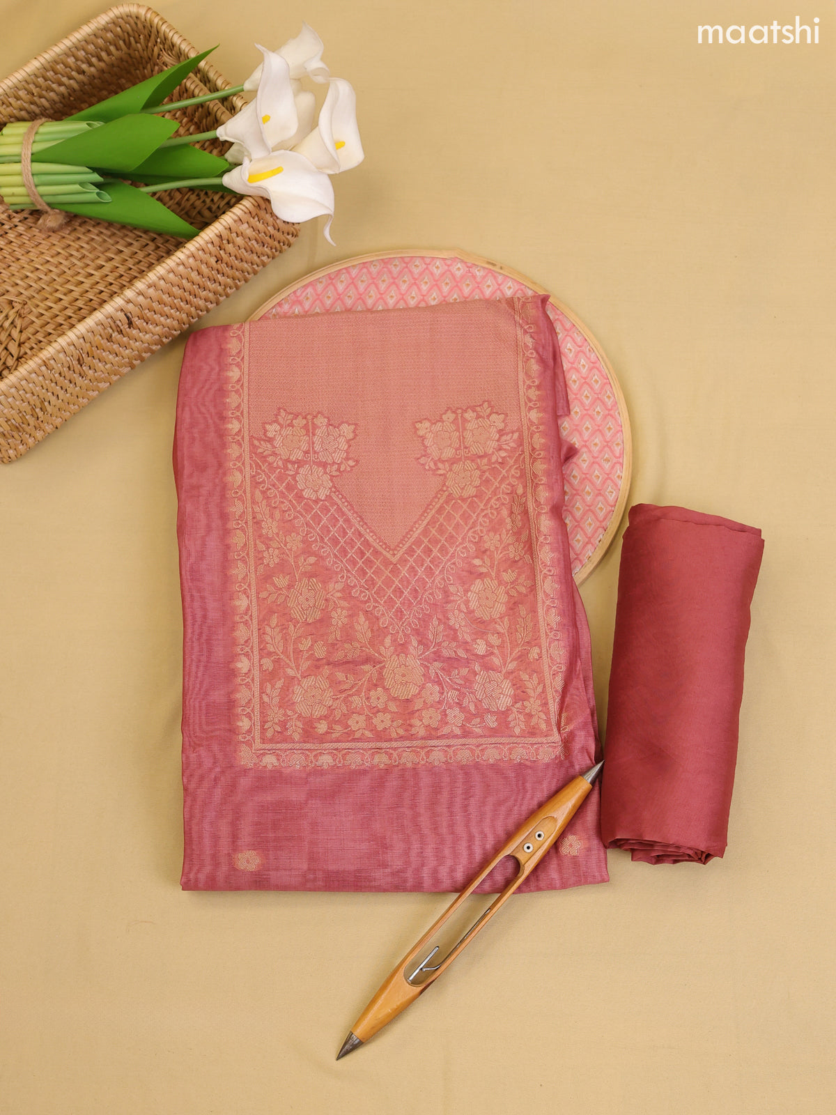 Dark Mauve Pink Chanderi Dress Material With Zari Work Neck Pattern With Bottom and Dupatta