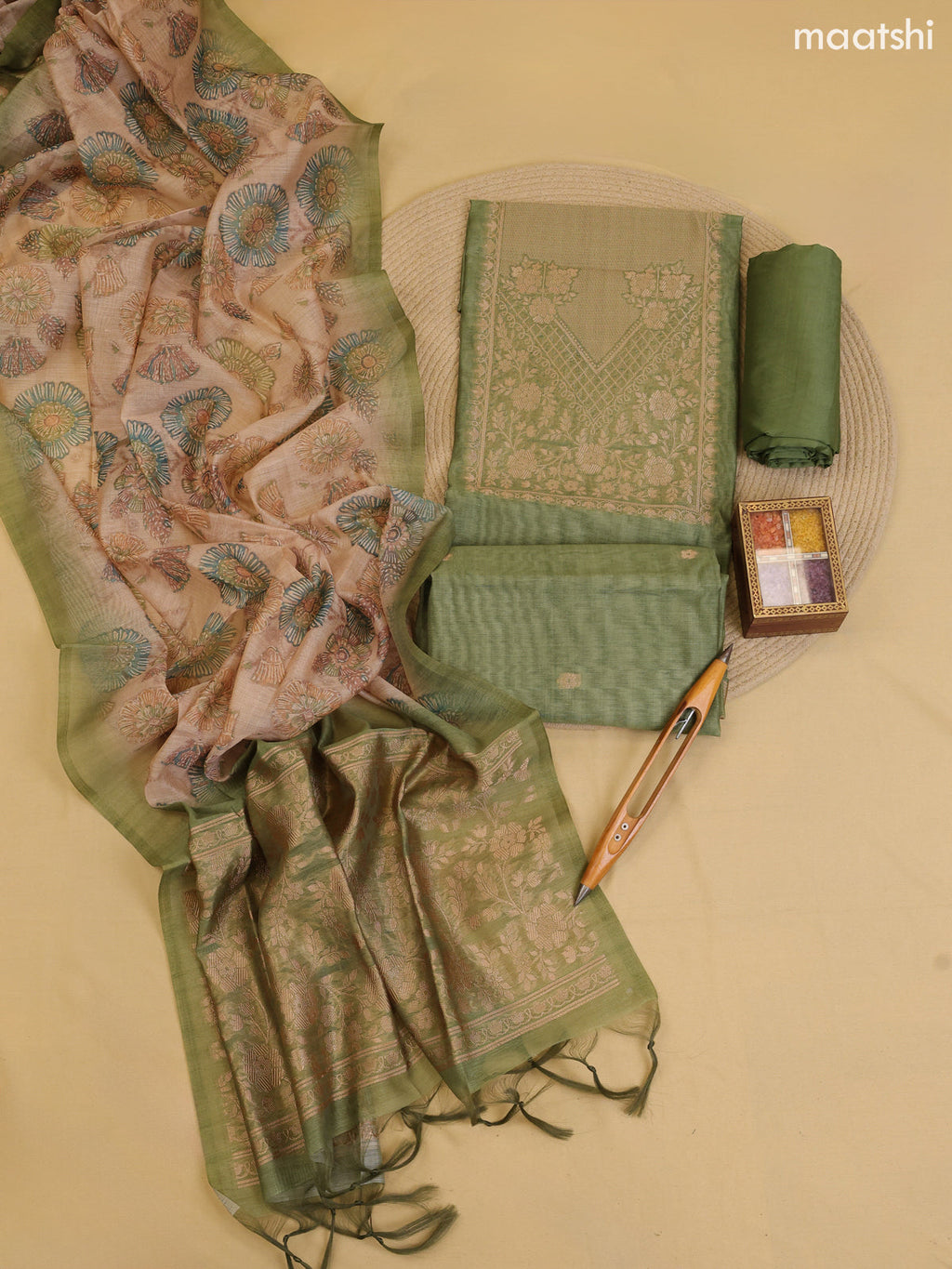 Green Chanderi Dress Material With Zari Work Neck Pattern With Bottom and Dupatta