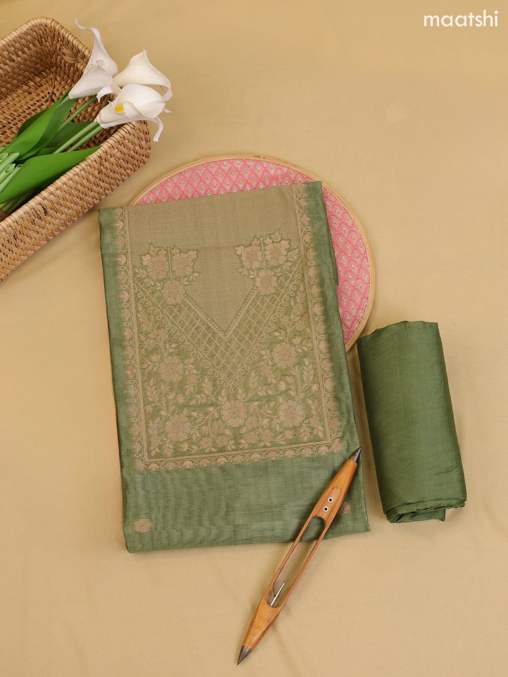 Green Chanderi Dress Material With Zari Work Neck Pattern With Bottom and Dupatta