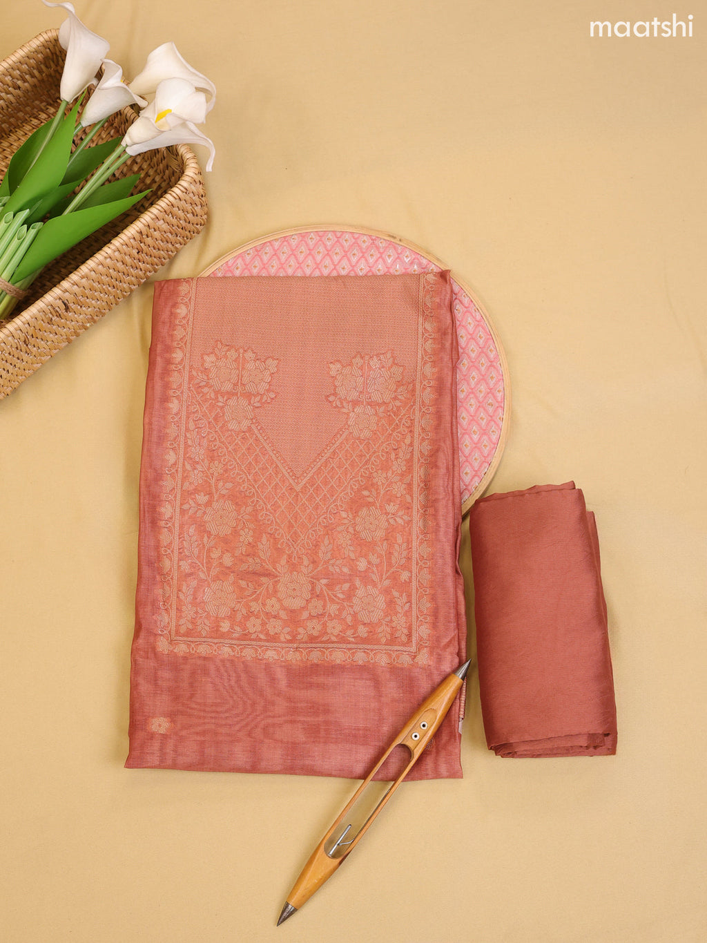 Dark Rust Chanderi Dress Material With Zari Work Neck Pattern With Bottom and Dupatta