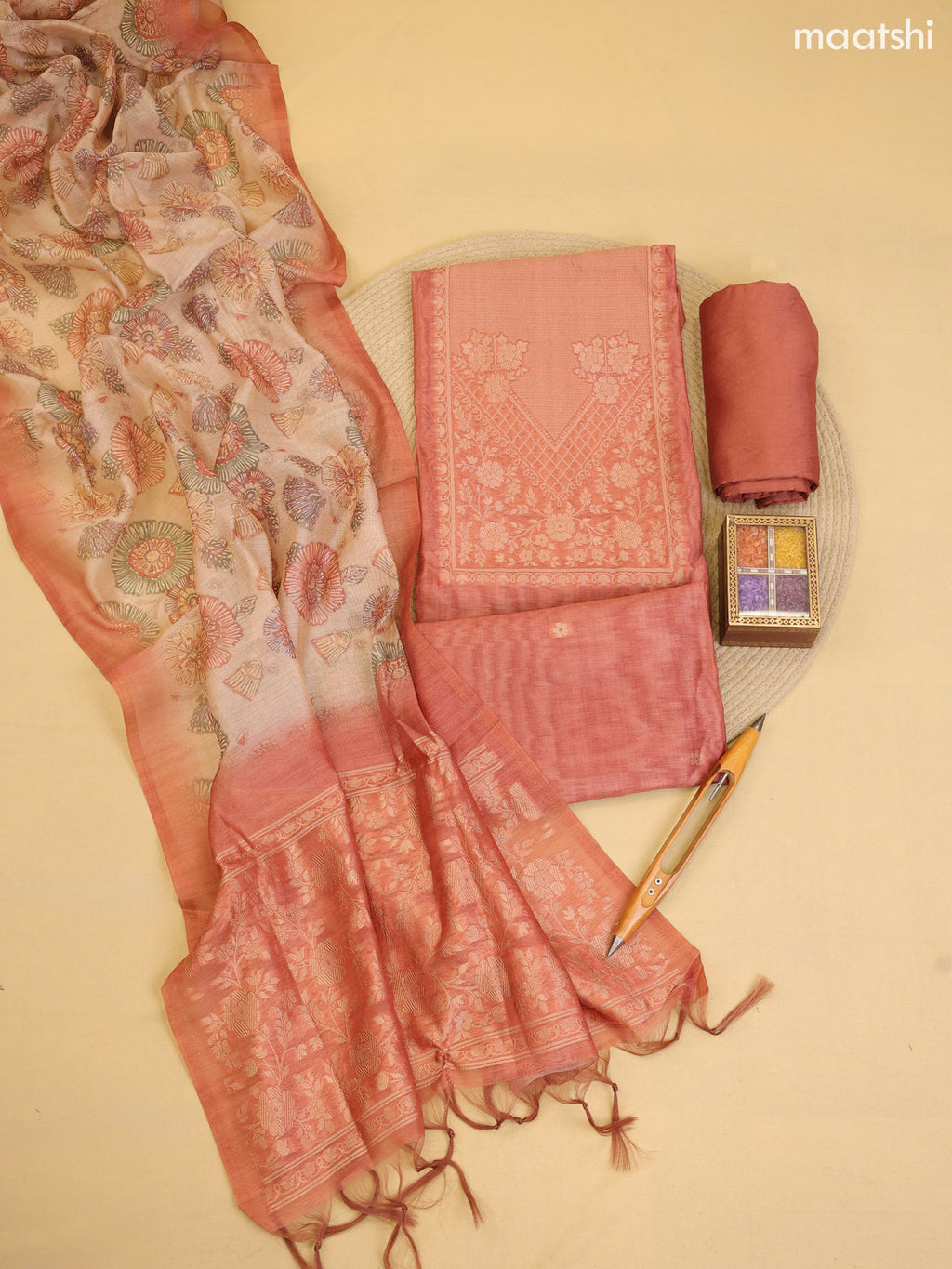 Dark Rust Chanderi Dress Material With Zari Work Neck Pattern With Bottom and Dupatta