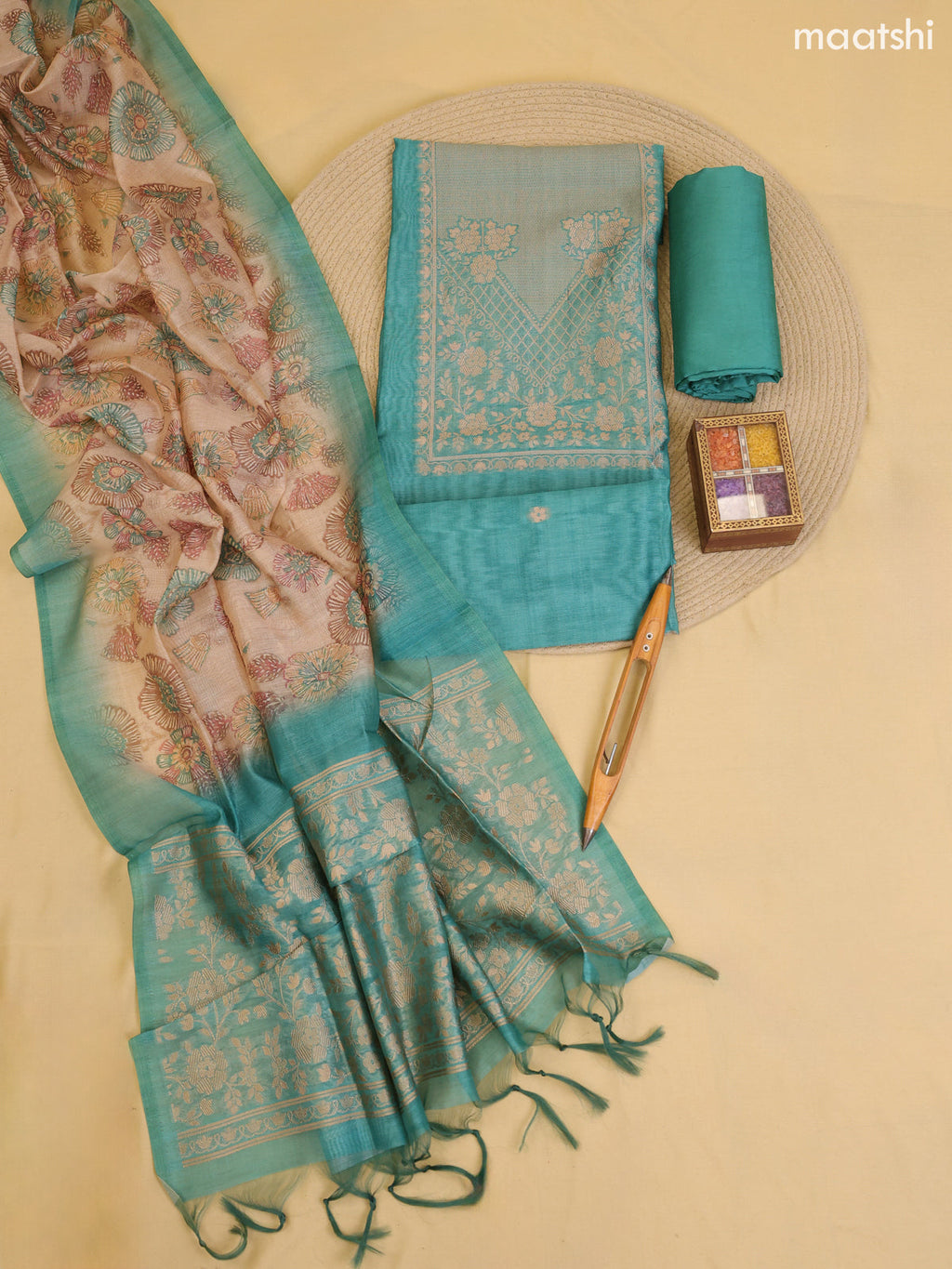 Teal Green Chanderi Dress Material With Zari Work Neck Pattern With Bottom and Dupatta