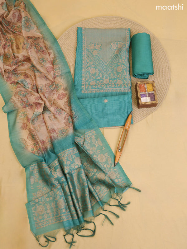 Teal Green Chanderi Dress Material With Zari Work Neck Pattern With Bottom and Dupatta