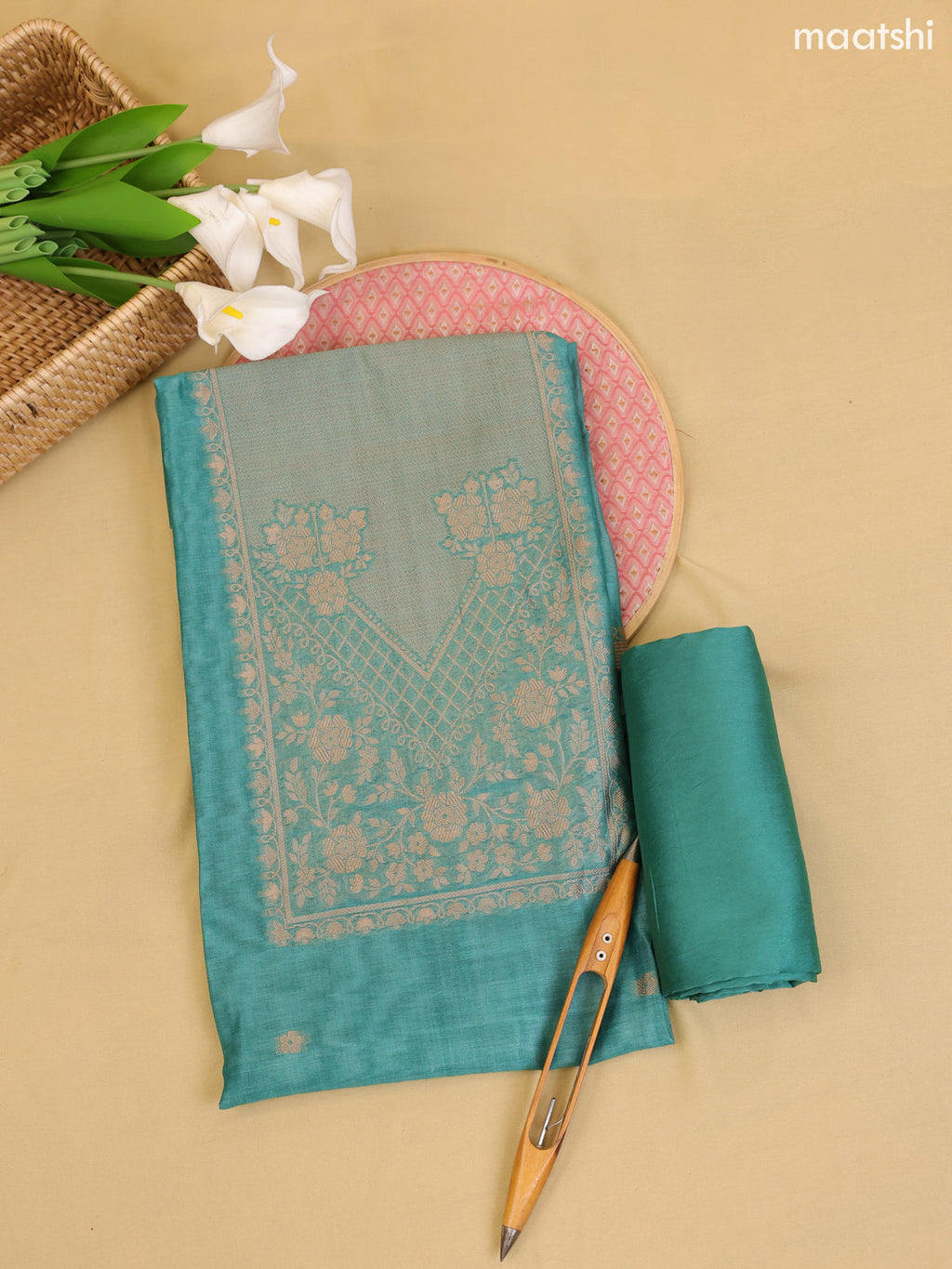 Teal Green Chanderi Dress Material With Zari Work Neck Pattern With Bottom and Dupatta