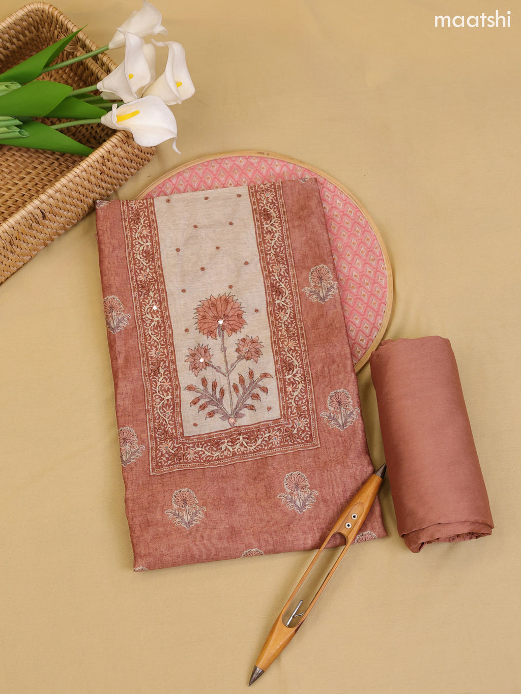 Pastel Brown Chanderi Dress Material With Printed Embroidery Work Neck Pattern With Bottom and Dupatta
