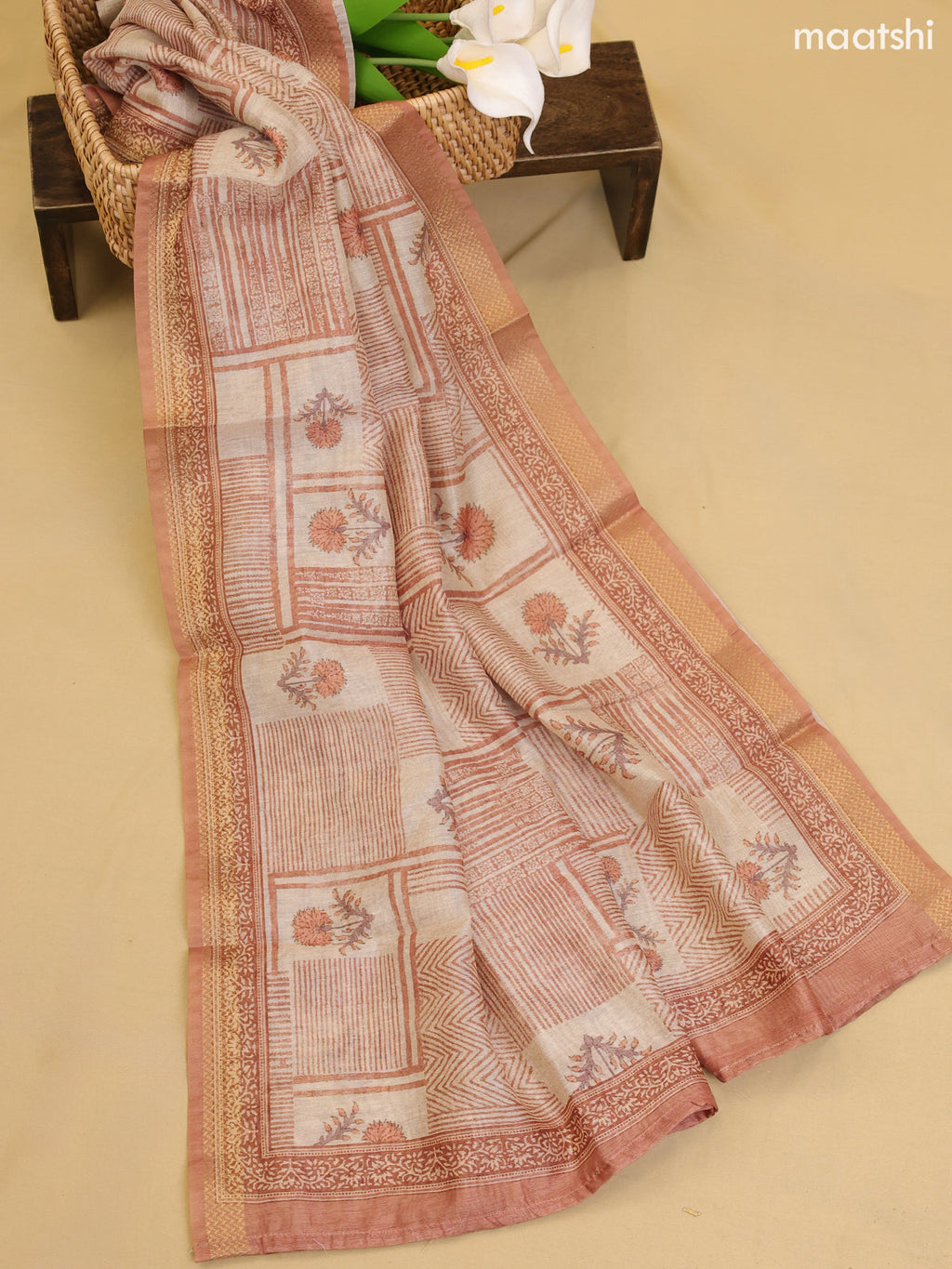 Pastel Brown Chanderi Dress Material With Printed Embroidery Work Neck Pattern With Bottom and Dupatta