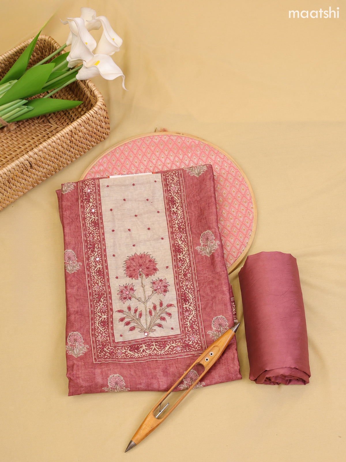 Dark Mauve Pink Chanderi Dress Material With Printed Embroidery Work Neck Pattern With Bottom and Dupatta