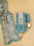 Peacock Blue Chanderi Dress Material With Printed Embroidery Work Neck Pattern With Bottom and Dupatta