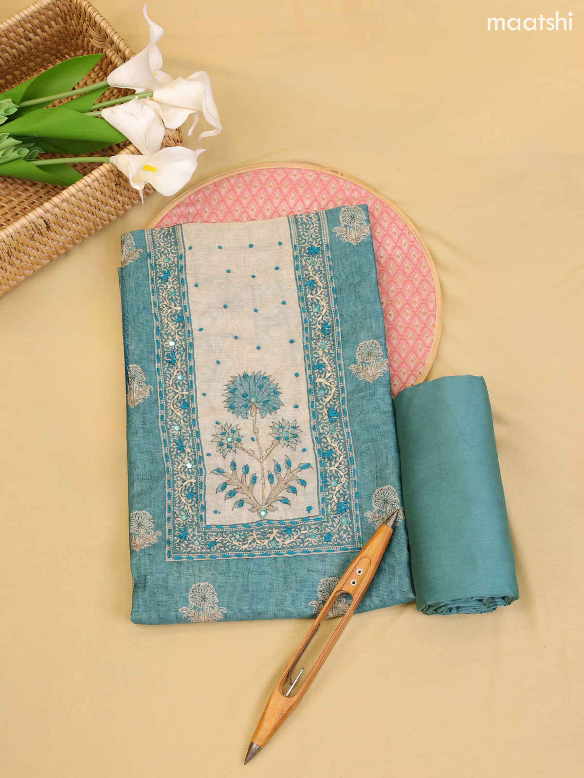 Peacock Blue Chanderi Dress Material With Printed Embroidery Work Neck Pattern With Bottom and Dupatta