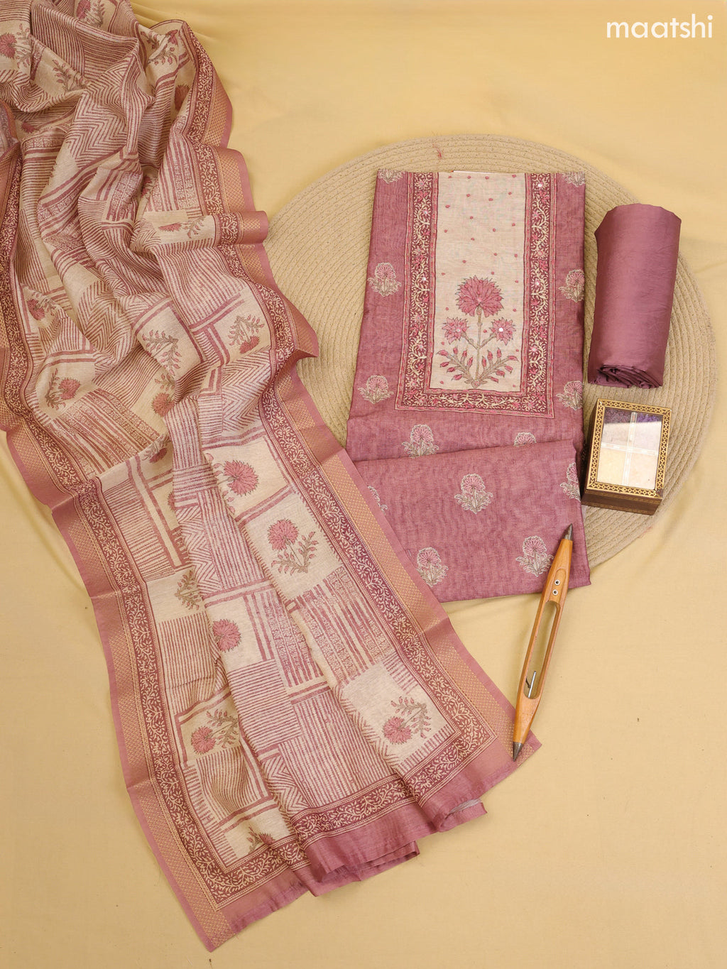 Dark Mauve Pink Chanderi Dress Material With Printed Embroidery Work Neck Pattern With Bottom and Dupatta