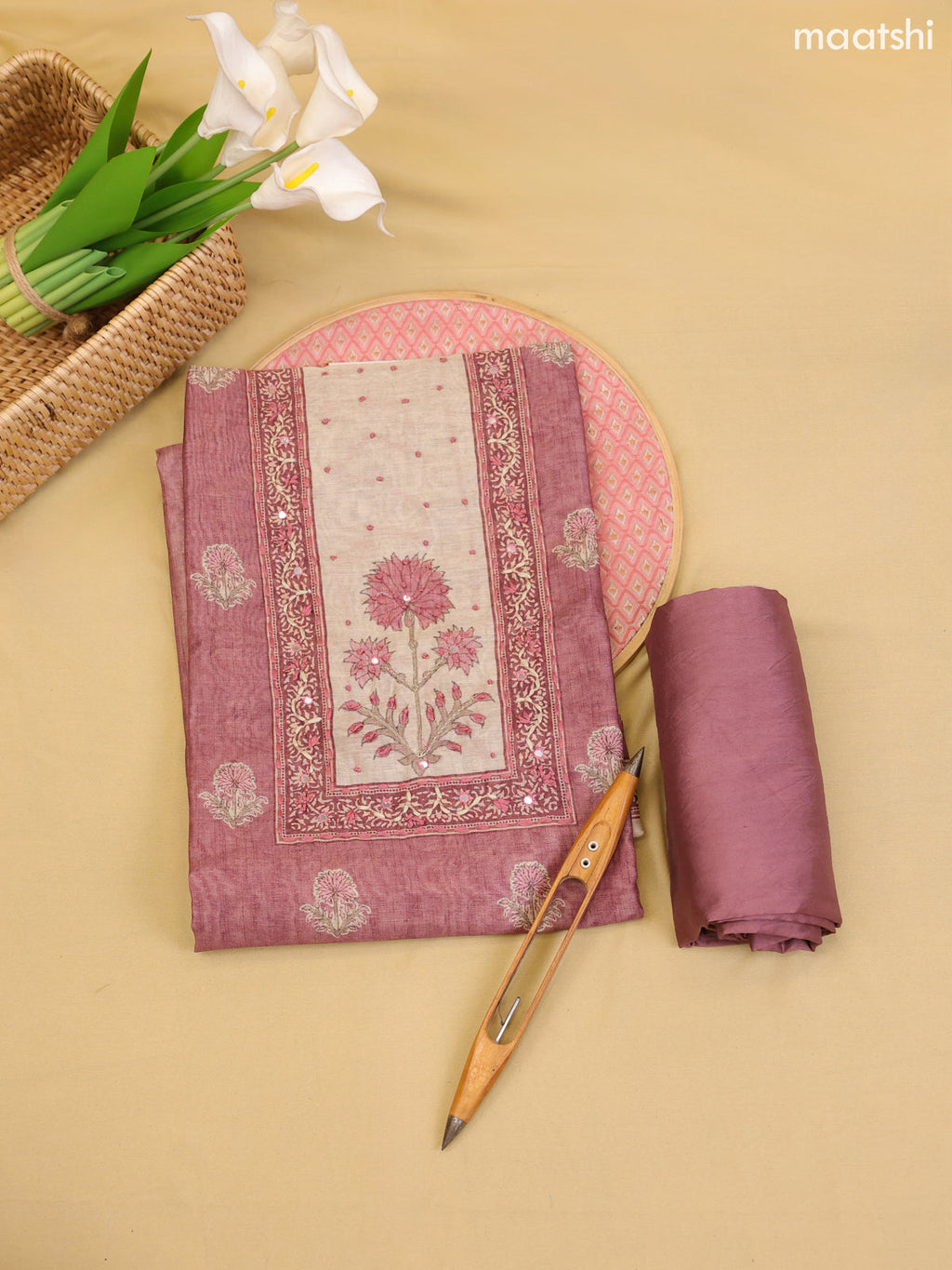 Dark Mauve Pink Chanderi Dress Material With Printed Embroidery Work Neck Pattern With Bottom and Dupatta