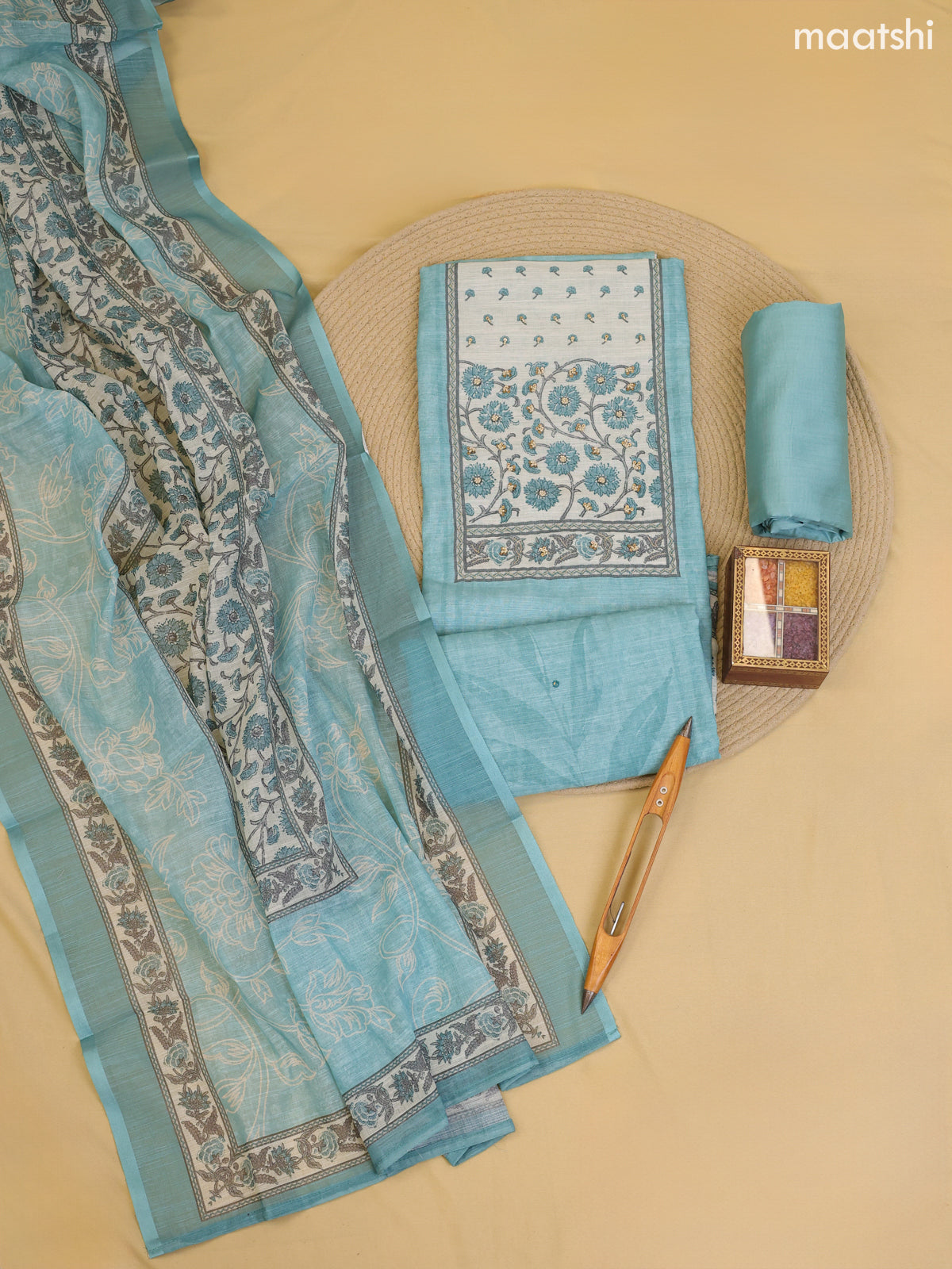 Blue Chanderi Dress Material With Printed Embroidery Work Neck Pattern With Bottom and Dupatta