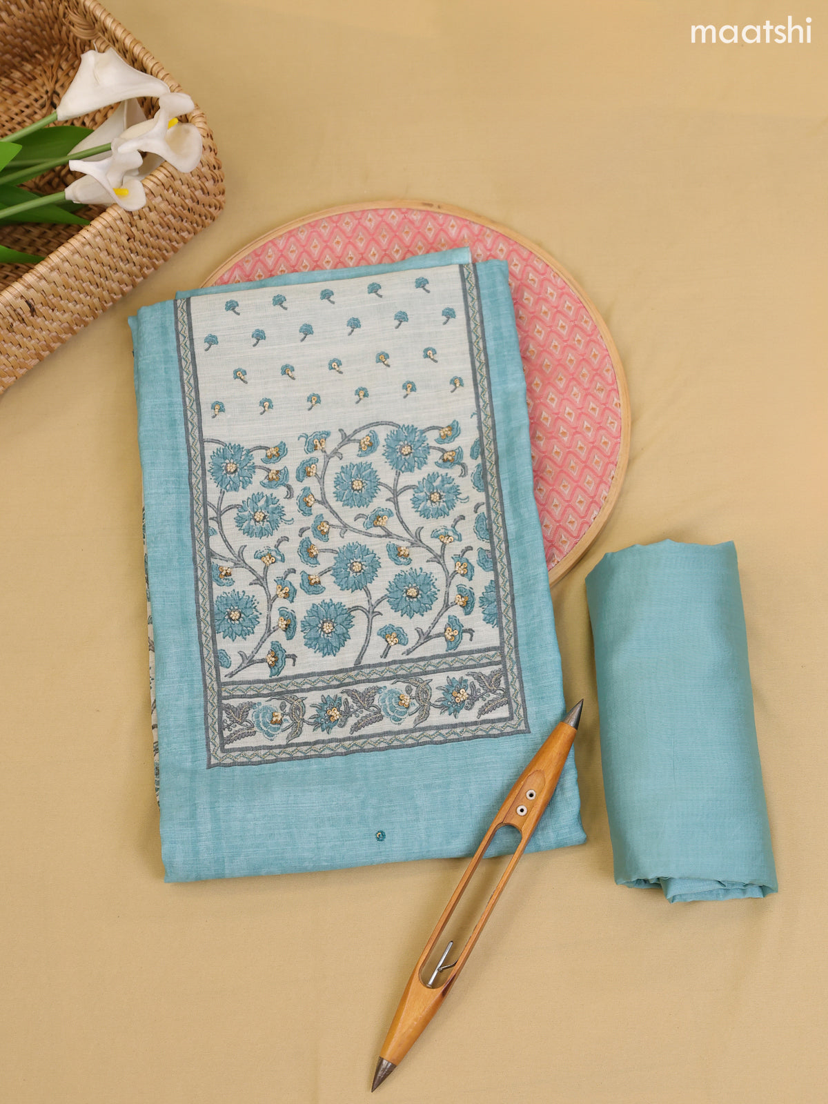 Blue Chanderi Dress Material With Printed Embroidery Work Neck Pattern With Bottom and Dupatta