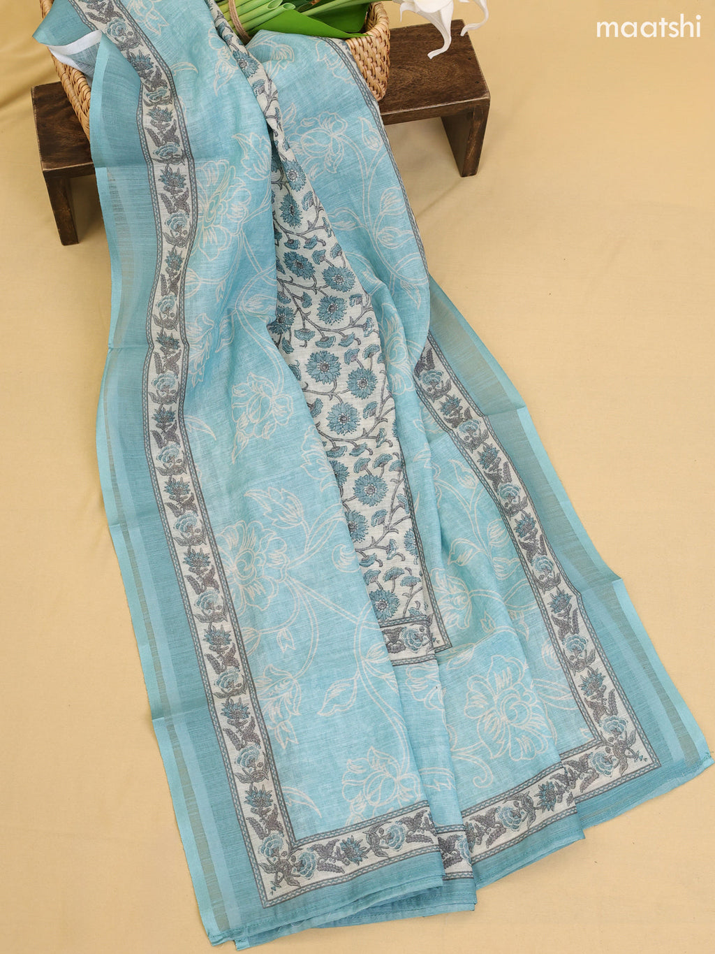 Blue Chanderi Dress Material With Printed Embroidery Work Neck Pattern With Bottom and Dupatta