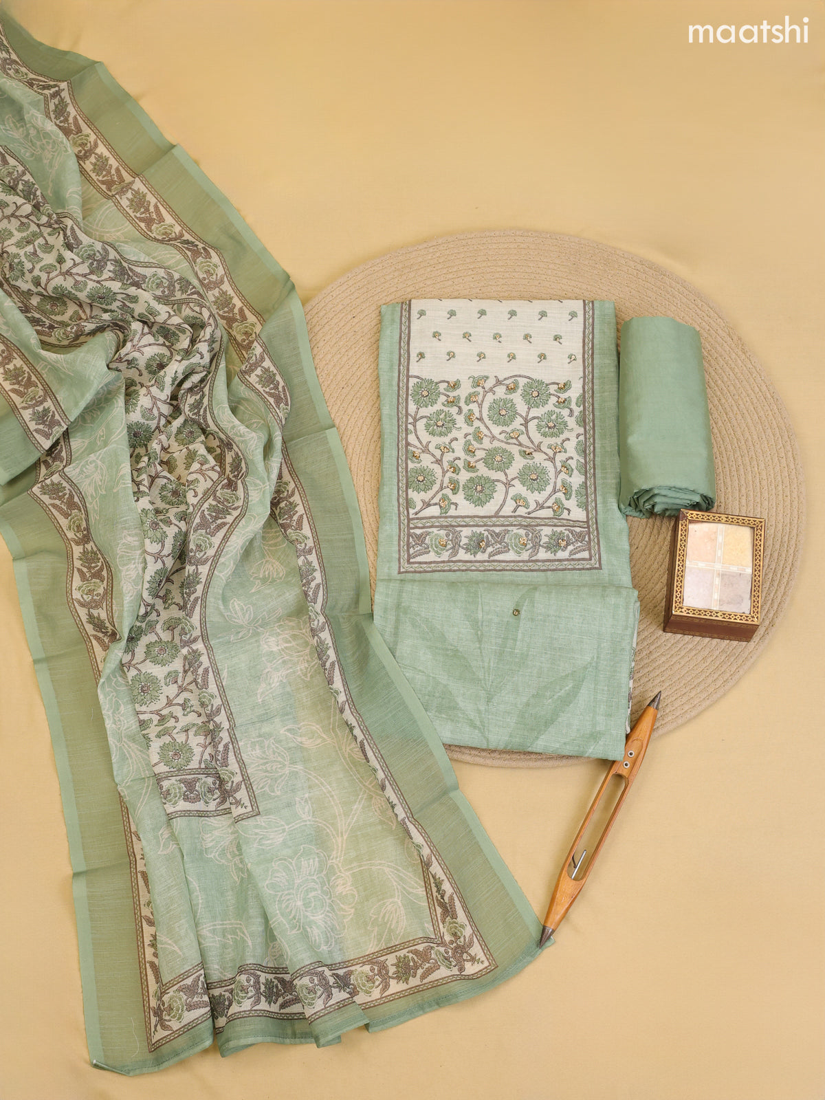 Pastel Green Chanderi Dress Material With Printed Embroidery Work Neck Pattern With Bottom and Dupatta