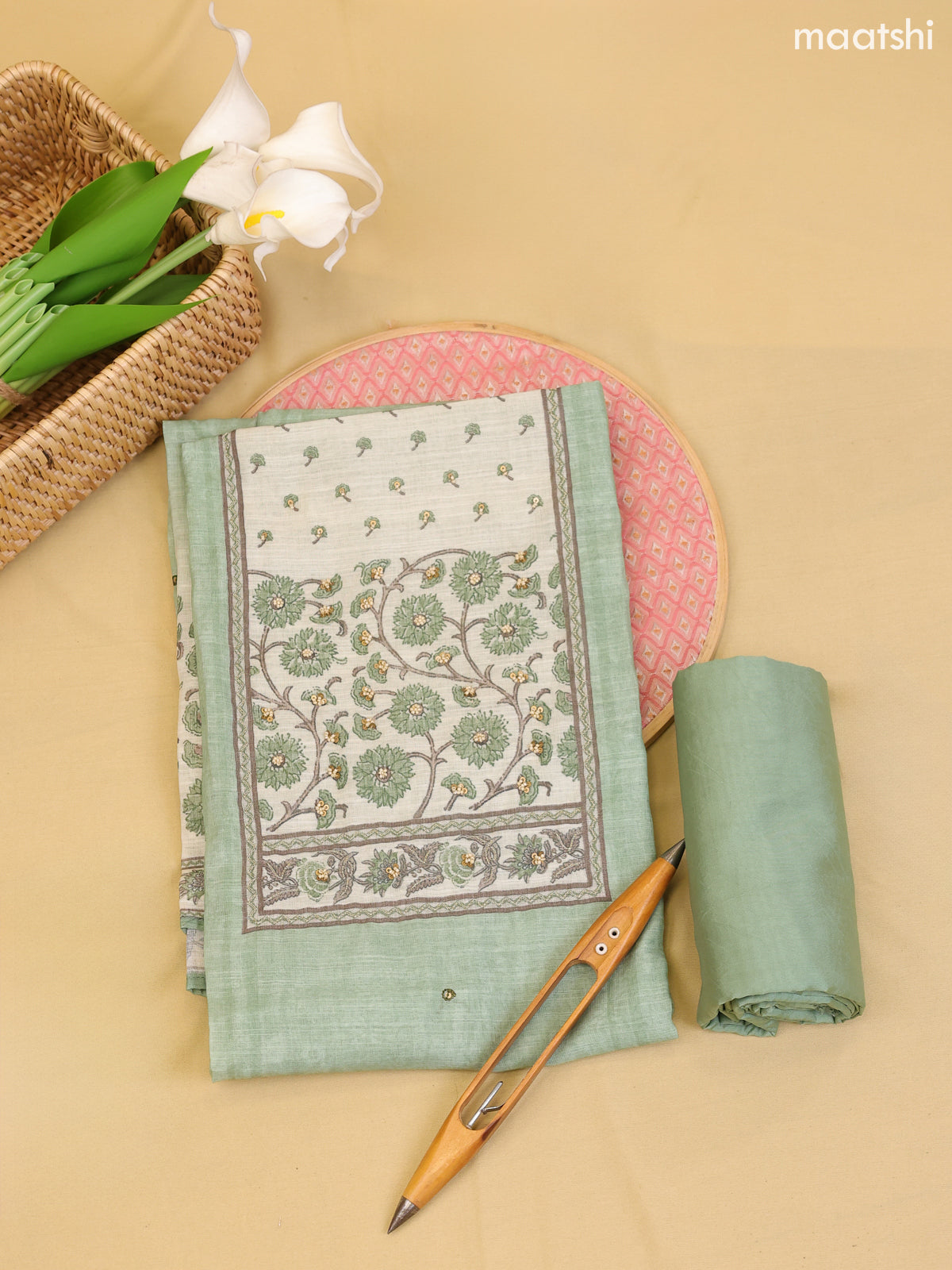 Pastel Green Chanderi Dress Material With Printed Embroidery Work Neck Pattern With Bottom and Dupatta