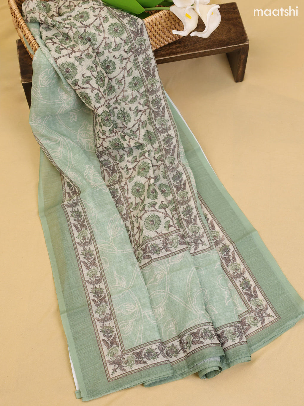 Pastel Green Chanderi Dress Material With Printed Embroidery Work Neck Pattern With Bottom and Dupatta