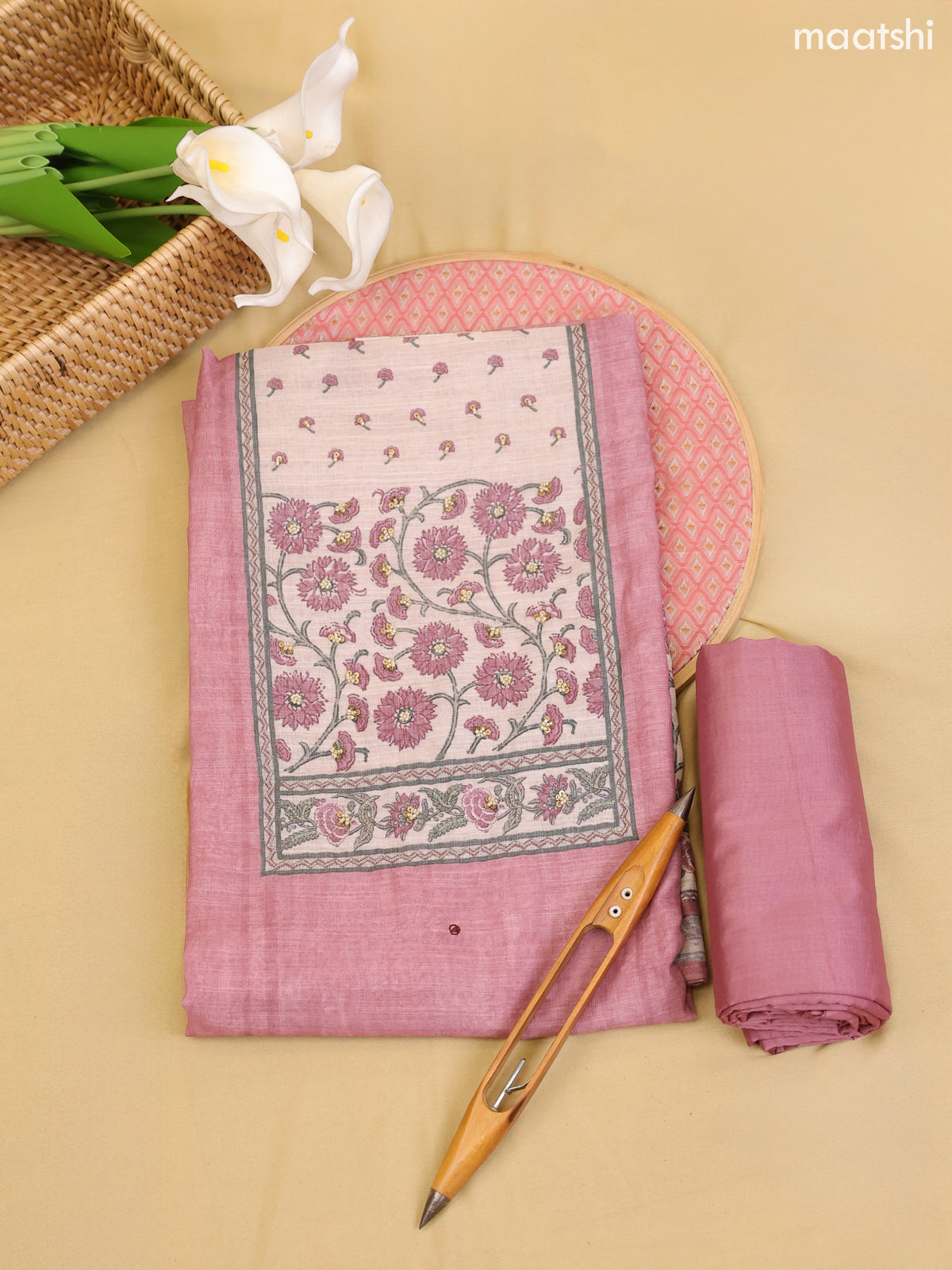 Mauve Pink Chanderi Dress Material With Printed Embroidery Work Neck Pattern With Bottom and Dupatta