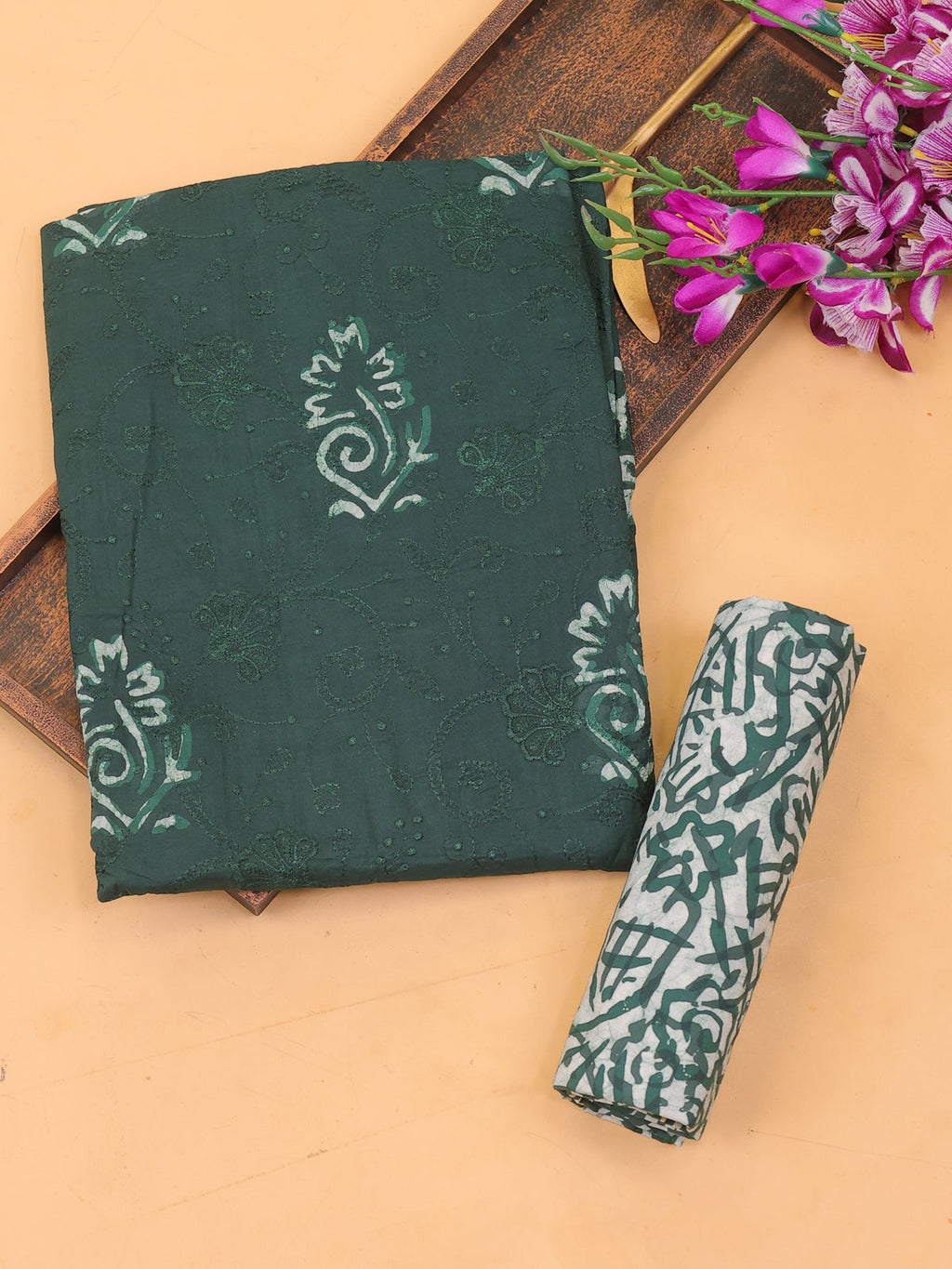 Green Cotton Dress Material With Batik Prints & Embroidery Work and Bottom & Dupatta