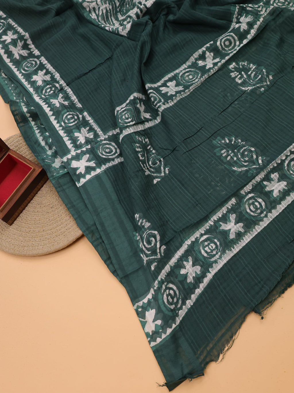 Green Cotton Dress Material With Batik Prints & Embroidery Work and Bottom & Dupatta