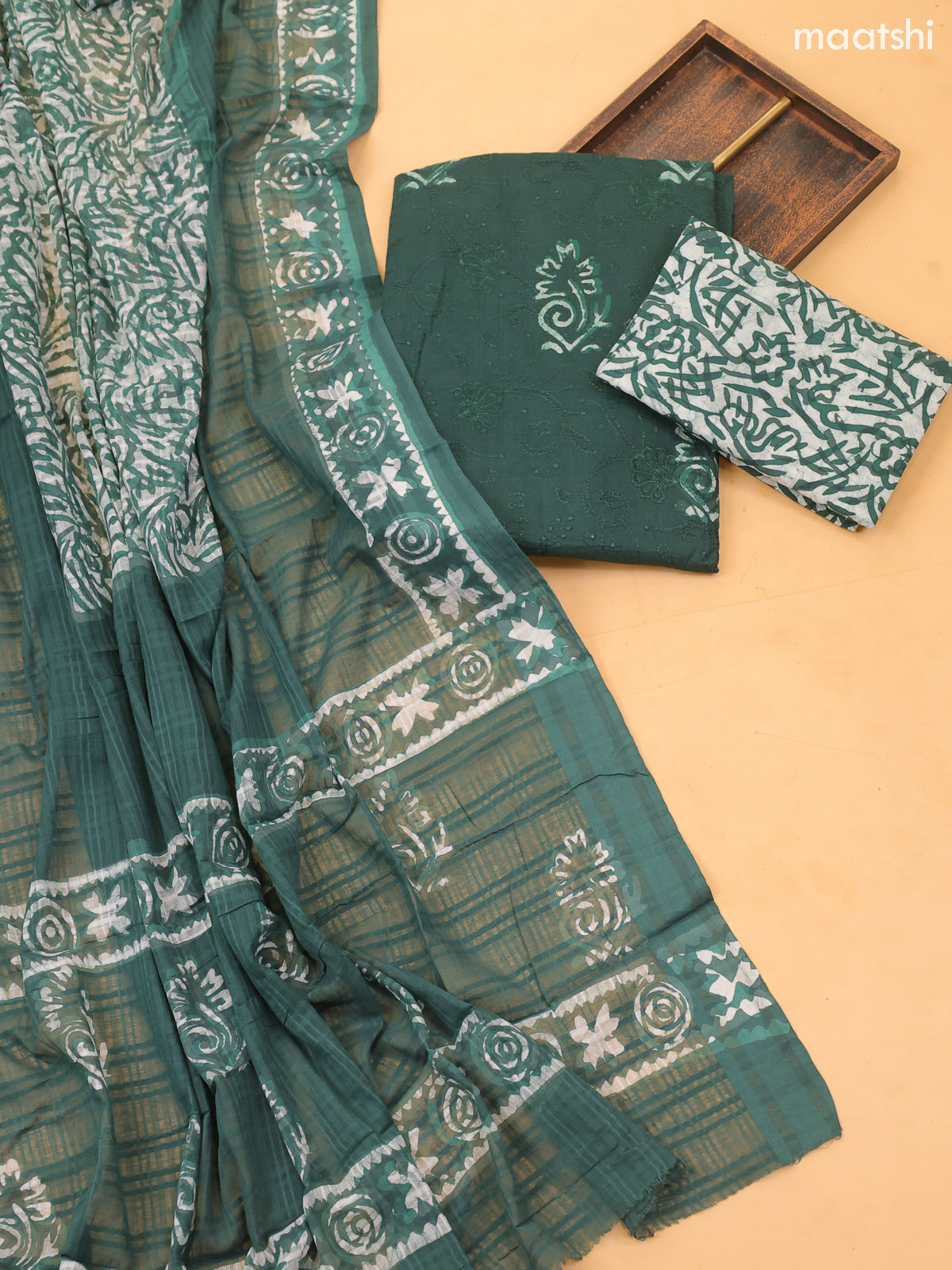 Green Cotton Dress Material With Batik Prints & Embroidery Work and Bottom & Dupatta