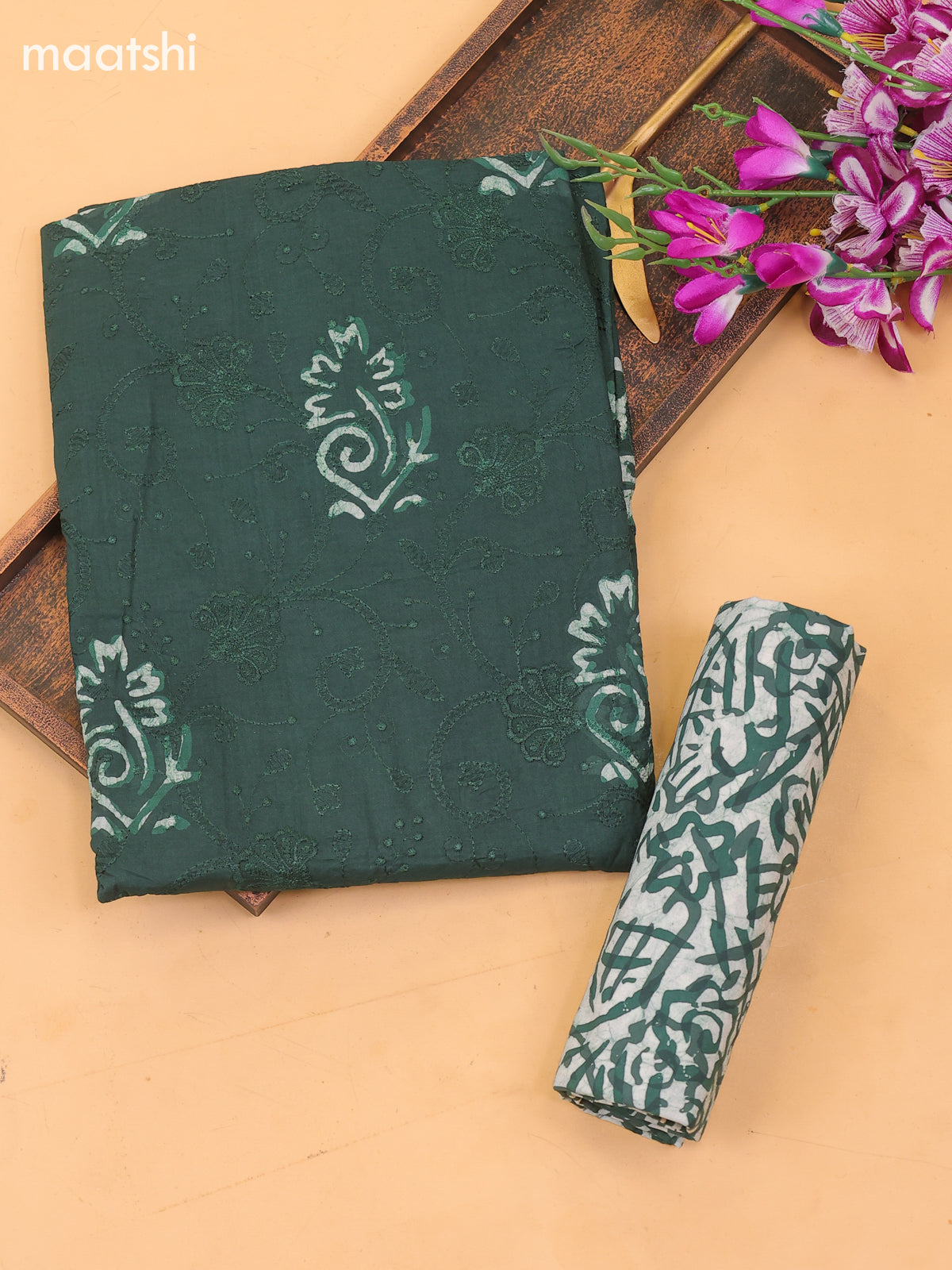 Green Cotton Dress Material With Batik Prints & Embroidery Work and Bottom & Dupatta