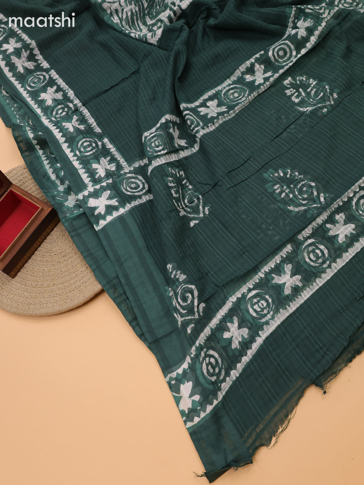 Green Cotton Dress Material With Batik Prints & Embroidery Work and Bottom & Dupatta