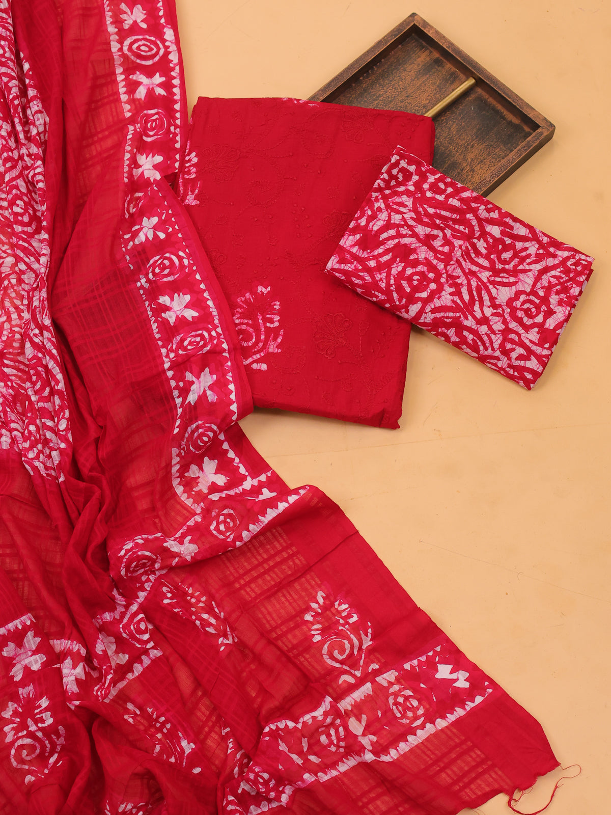 Red Cotton Dress Material With Batik Prints & Embroidery Work and Bottom & Dupatta