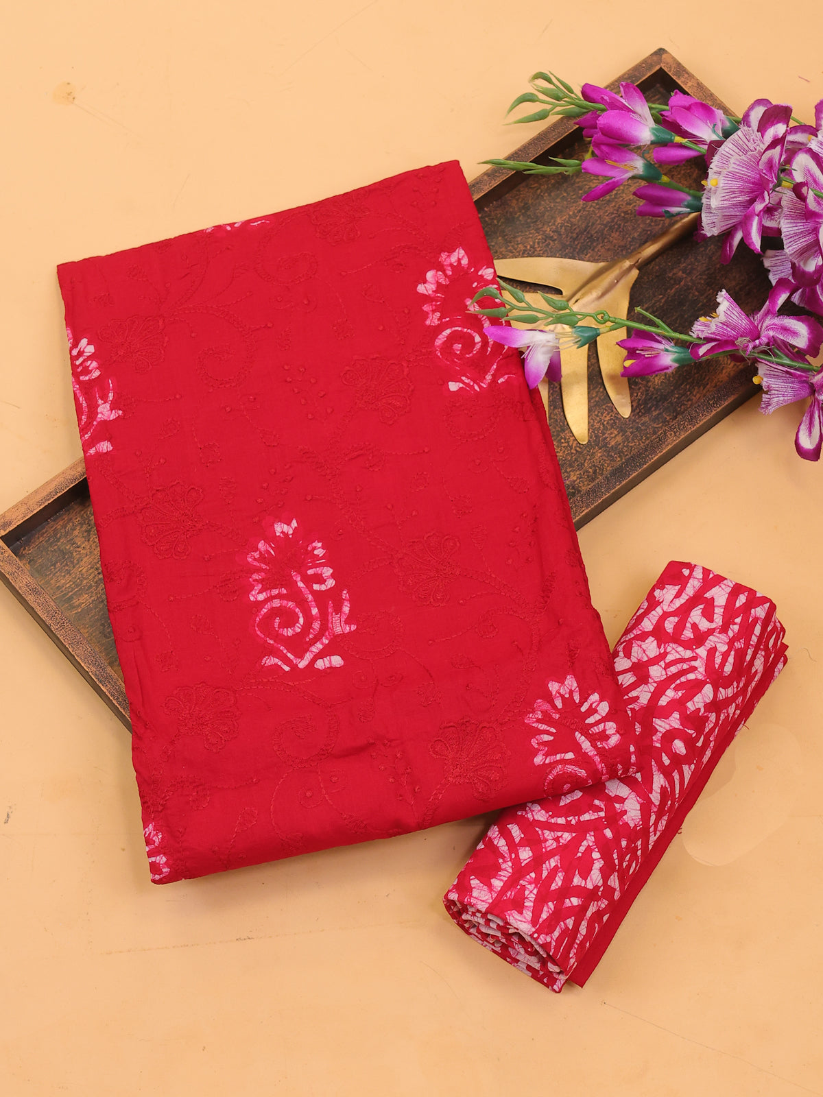 Red Cotton Dress Material With Batik Prints & Embroidery Work and Bottom & Dupatta
