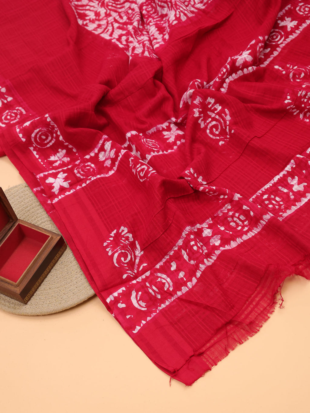 Red Cotton Dress Material With Batik Prints & Embroidery Work and Bottom & Dupatta
