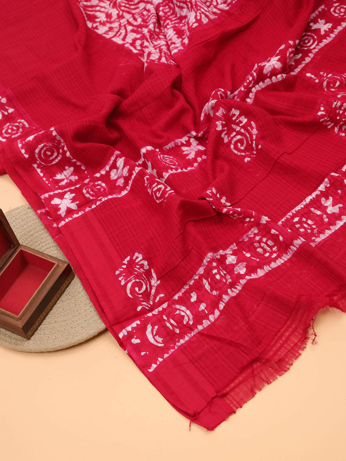 Red Cotton Dress Material With Batik Prints & Embroidery Work and Bottom & Dupatta