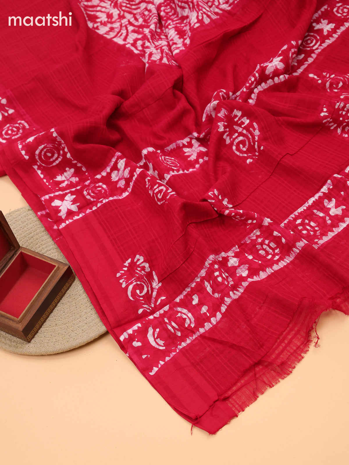 Red Cotton Dress Material With Batik Prints & Embroidery Work and Bottom & Dupatta