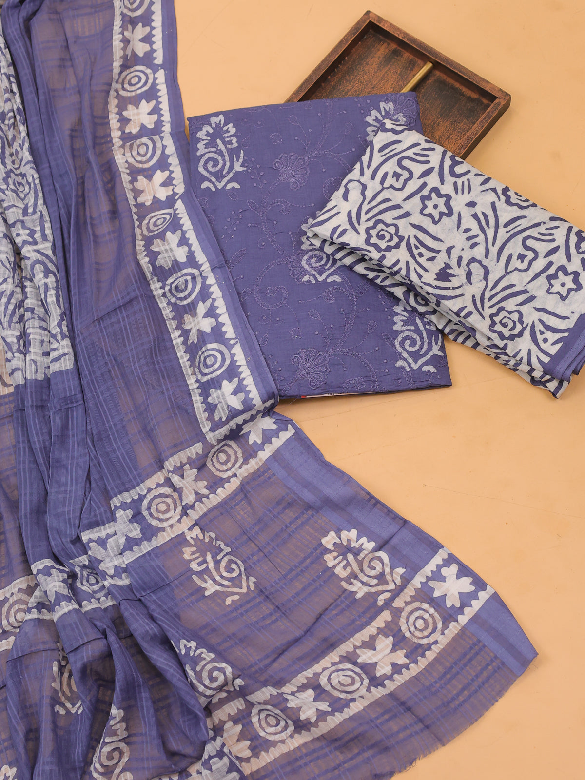 Bluish Grey Cotton Dress Material With Batik Prints & Embroidery Work and Bottom & Dupatta