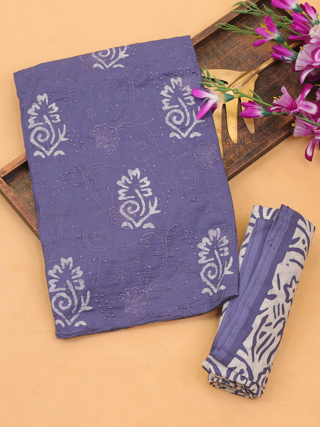 Bluish Grey Cotton Dress Material With Batik Prints & Embroidery Work and Bottom & Dupatta