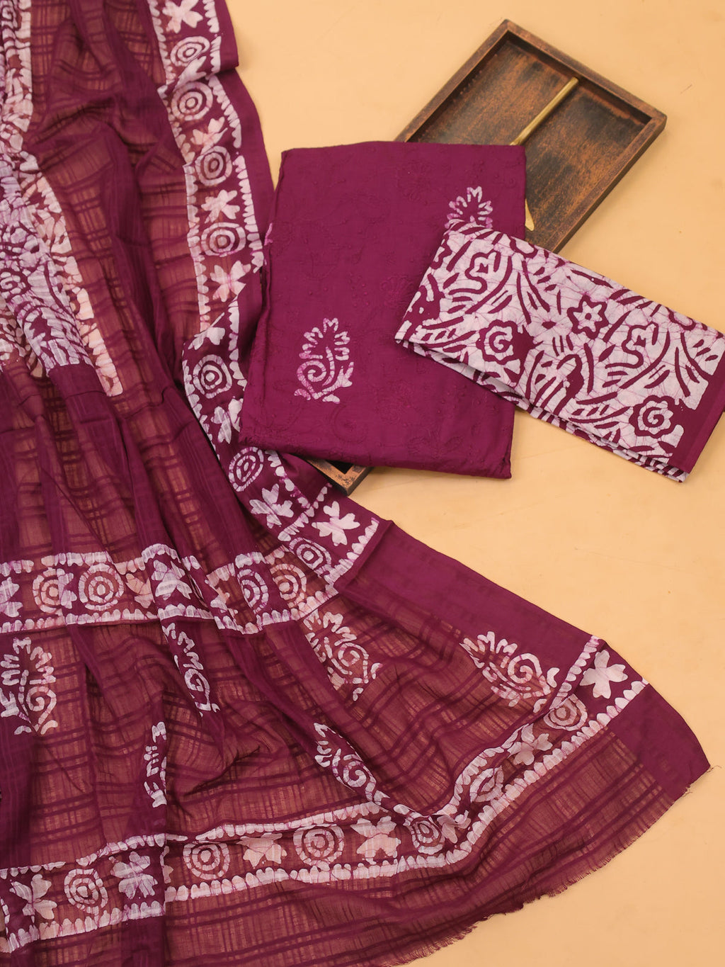 Deep Wine Cotton Dress Material With Batik Prints & Embroidery Work and Bottom & Dupatta
