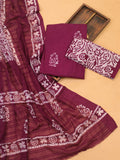 Deep Wine Cotton Dress Material With Batik Prints & Embroidery Work and Bottom & Dupatta