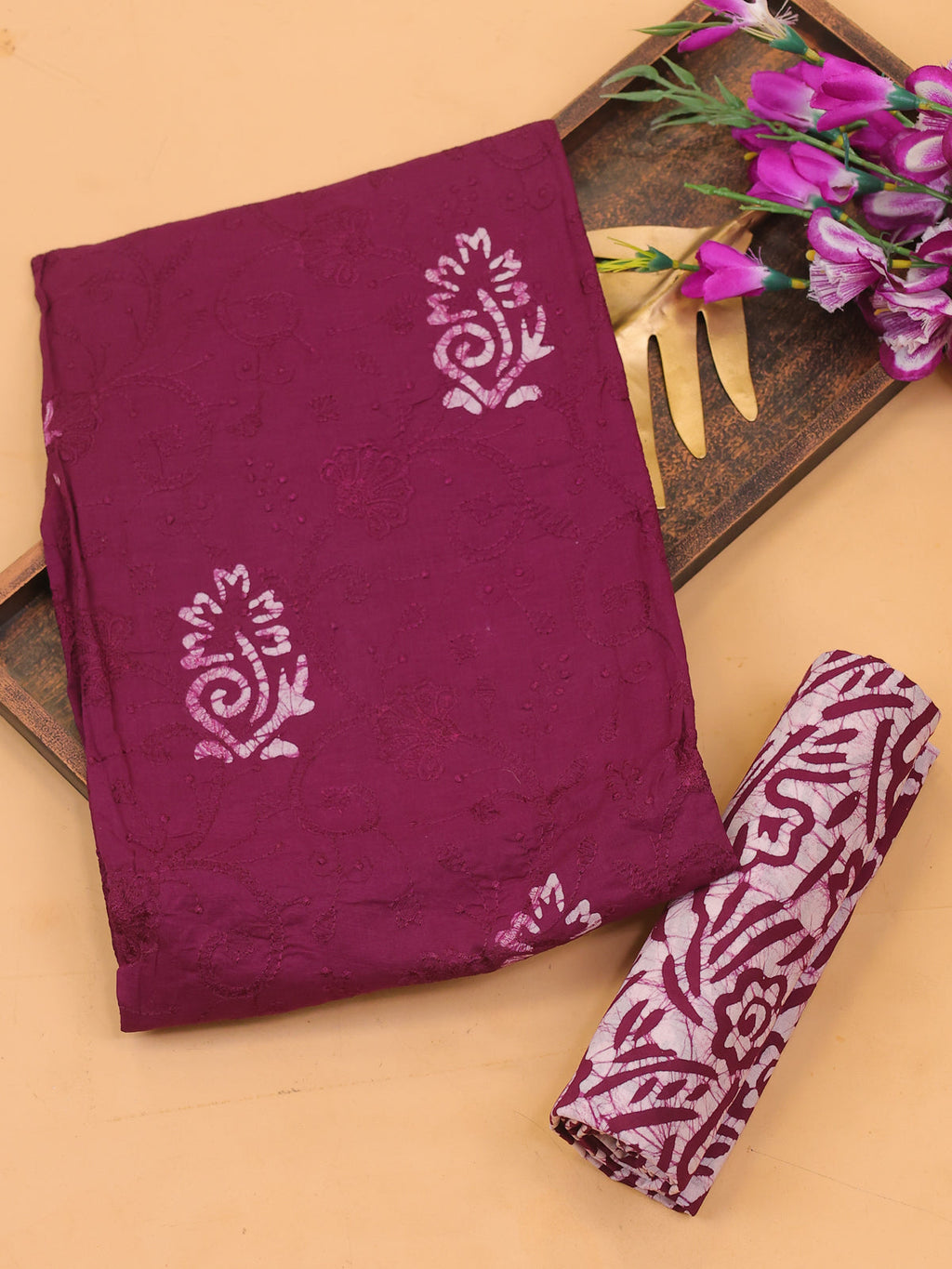 Deep Wine Cotton Dress Material With Batik Prints & Embroidery Work and Bottom & Dupatta