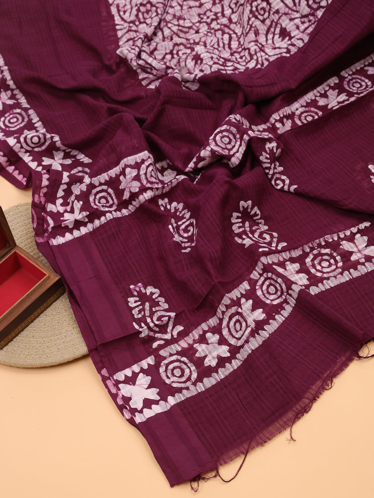 Deep Wine Cotton Dress Material With Batik Prints & Embroidery Work and Bottom & Dupatta