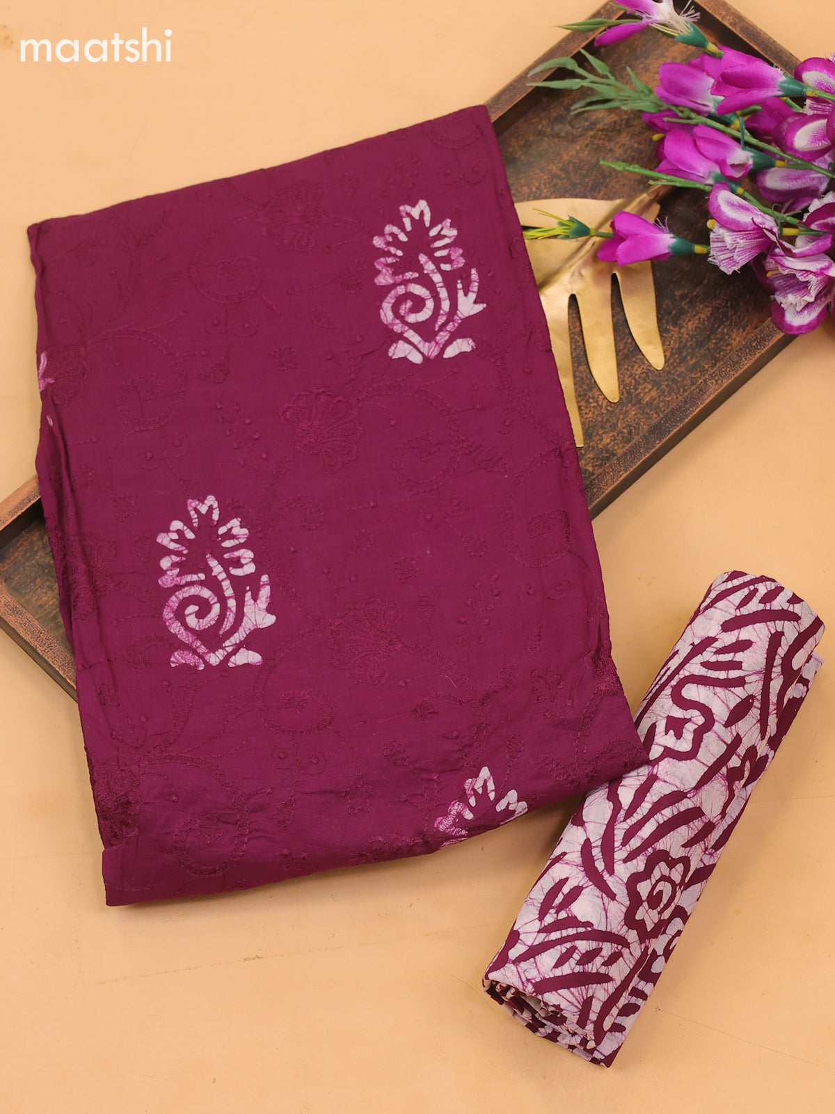 Deep Wine Cotton Dress Material With Batik Prints & Embroidery Work and Bottom & Dupatta