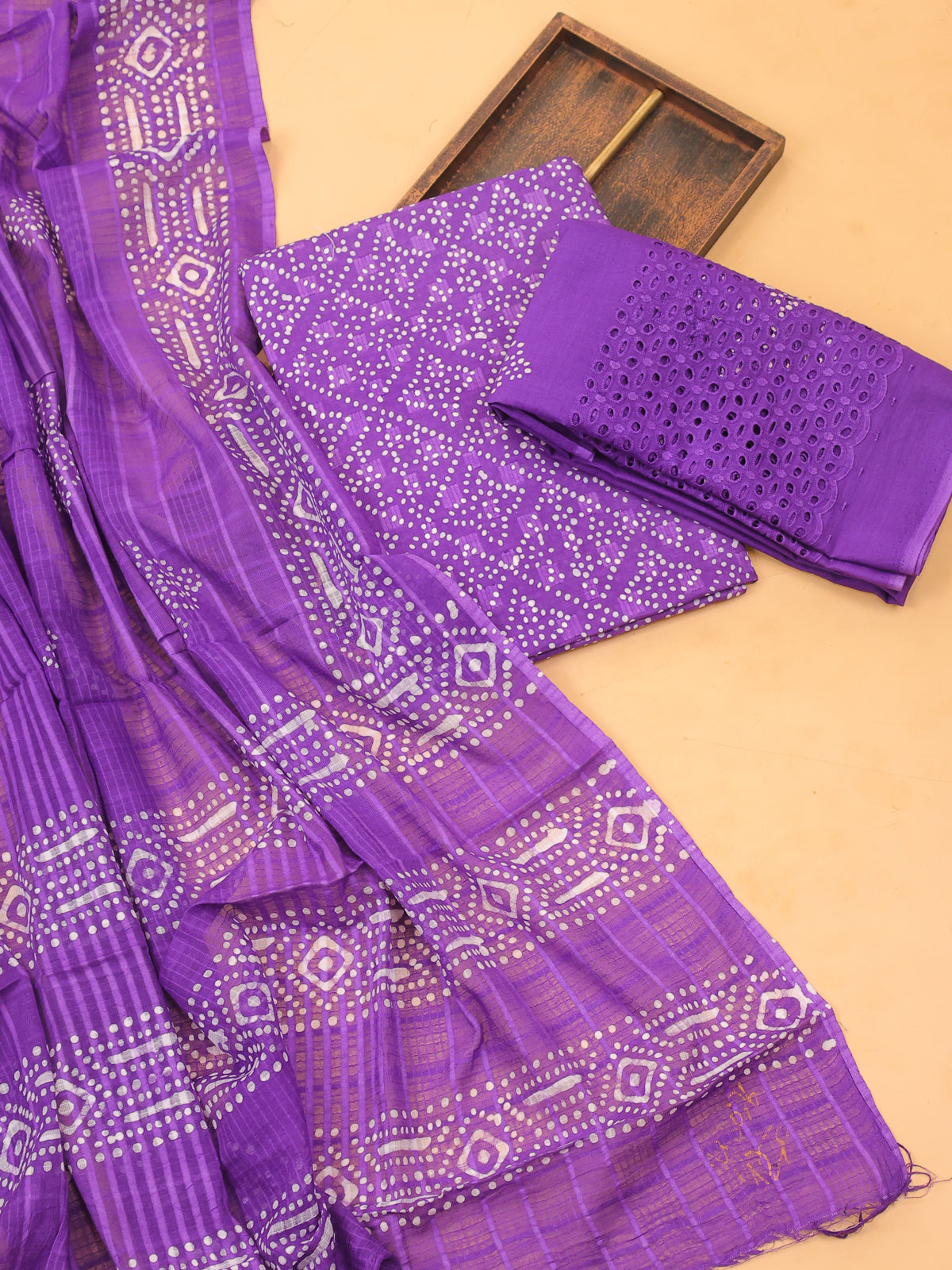 Lavender Cotton Dress Material With Bandhini Prints & Embroidery Work and Bottom & Dupatta