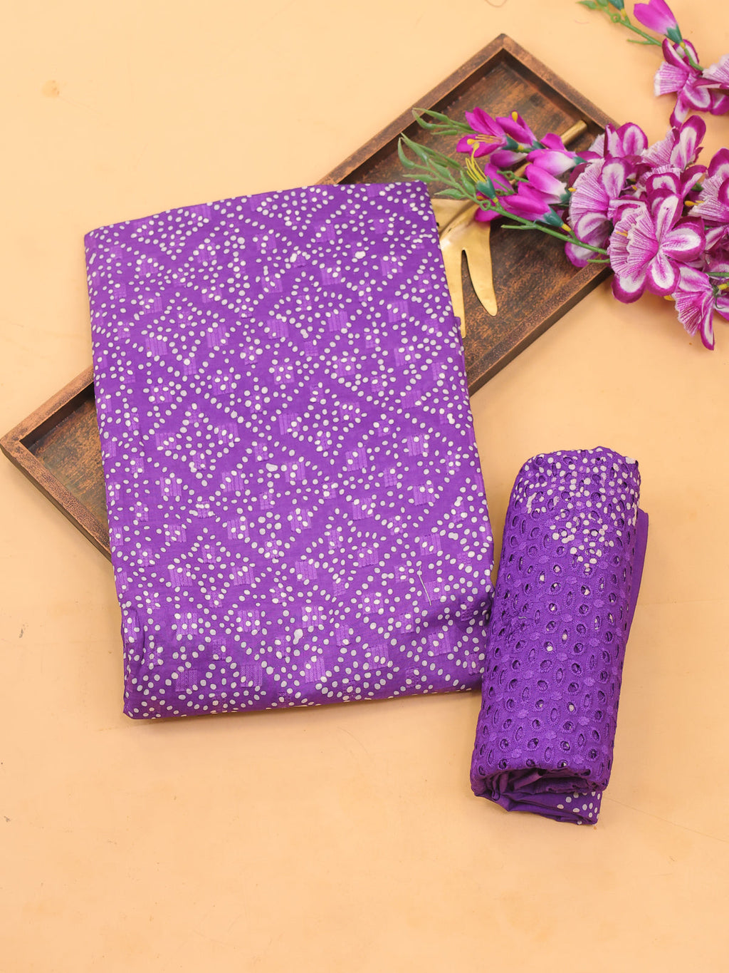 Lavender Cotton Dress Material With Bandhini Prints & Embroidery Work and Bottom & Dupatta