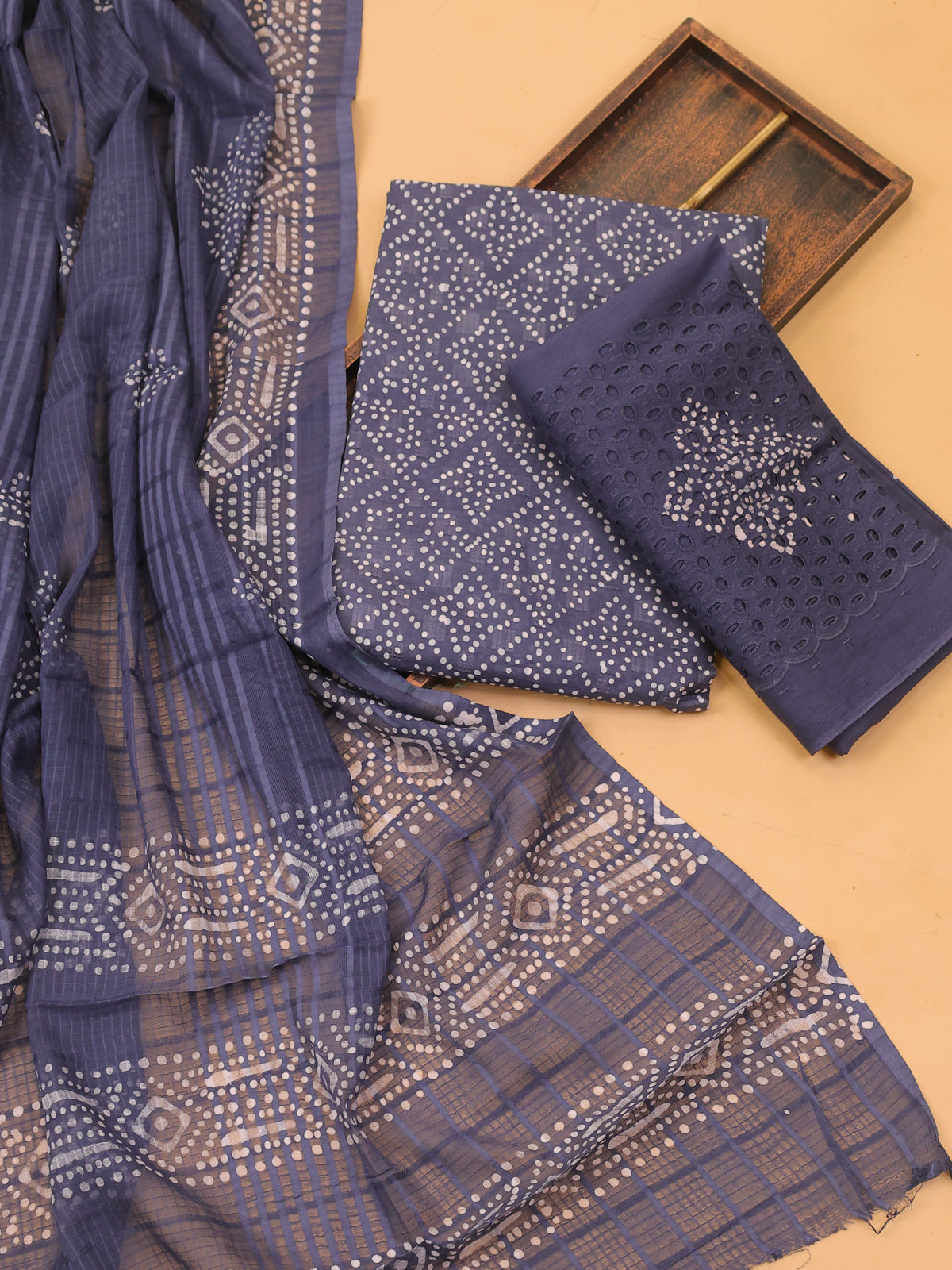 Grey Cotton Dress Material With Bandhini Prints & Embroidery Work and Bottom & Dupatta