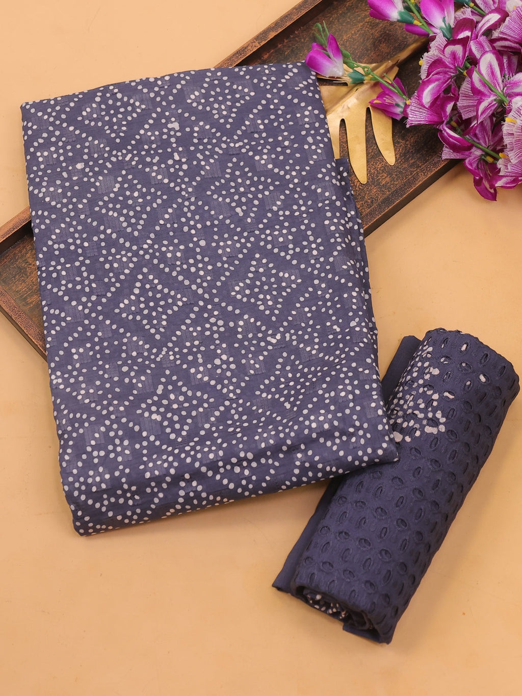 Grey Cotton Dress Material With Bandhini Prints & Embroidery Work and Bottom & Dupatta