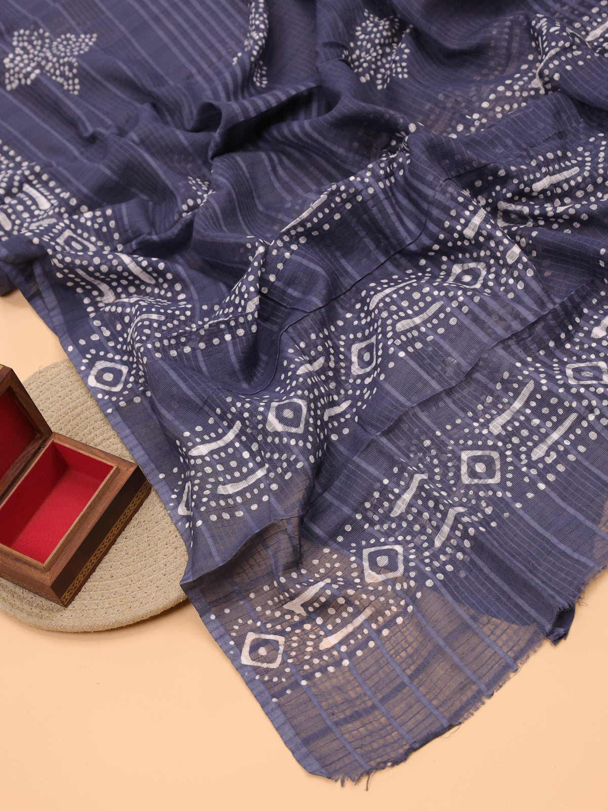 Grey Cotton Dress Material With Bandhini Prints & Embroidery Work and Bottom & Dupatta