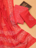 Red Cotton Dress Material With Bandhini Prints & Embroidery Work and Bottom & Dupatta